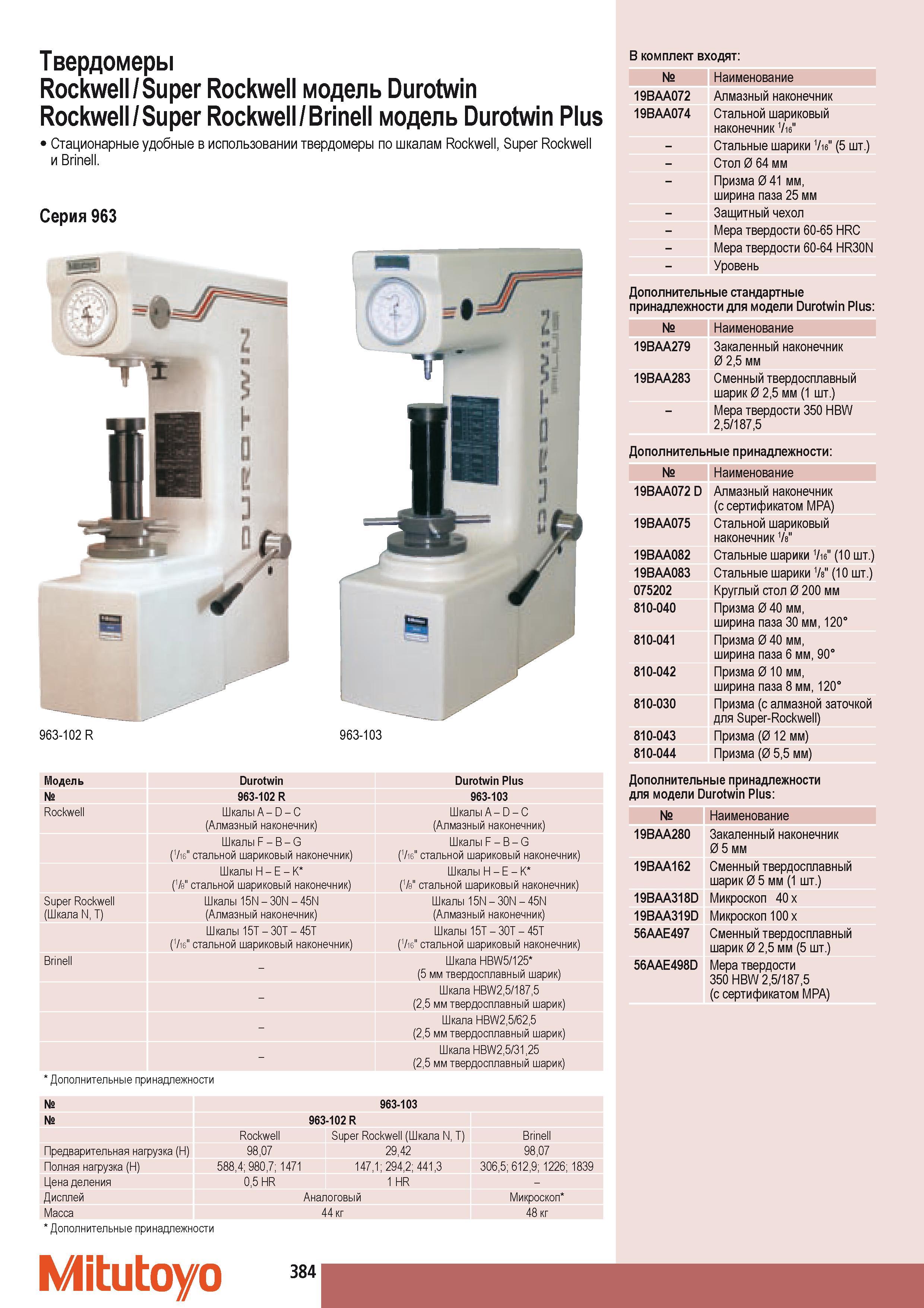 394 Стационарные твердомеры Mitutoyo по шкалам Rockwell Super Rockwell и Brinell Серия 963 963-102 R 963-103 Модель Durotwin Plus 963-102 R 963-103 Rockwell Шкал Каталог MITUTOYO 2009 Средства измерений измерительный инструмент приборы оборудование для машиностроения и металлообработки Стр. 384