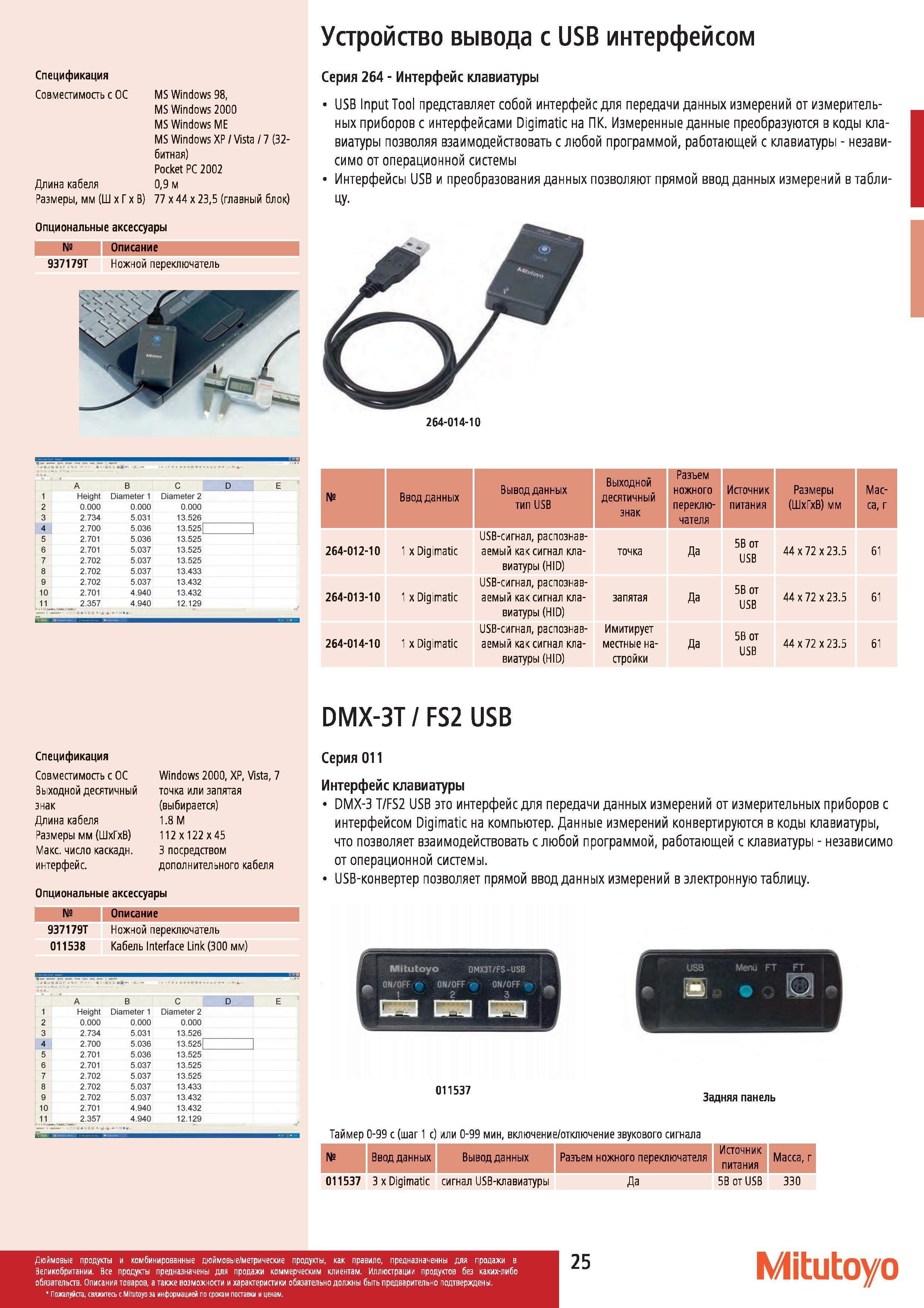 26 Устройство вывода Mitutoyo с USB интерфейсом Спецификация Совместимость с ОС Длина кабеля MS Windows 98 MS Windows 2000 MS Windows ME MS Windows ХР Каталог MITUTOYO 2012 Контрольно-измерительный инструмент оборудование и приборы для машиностроения Стр. 25