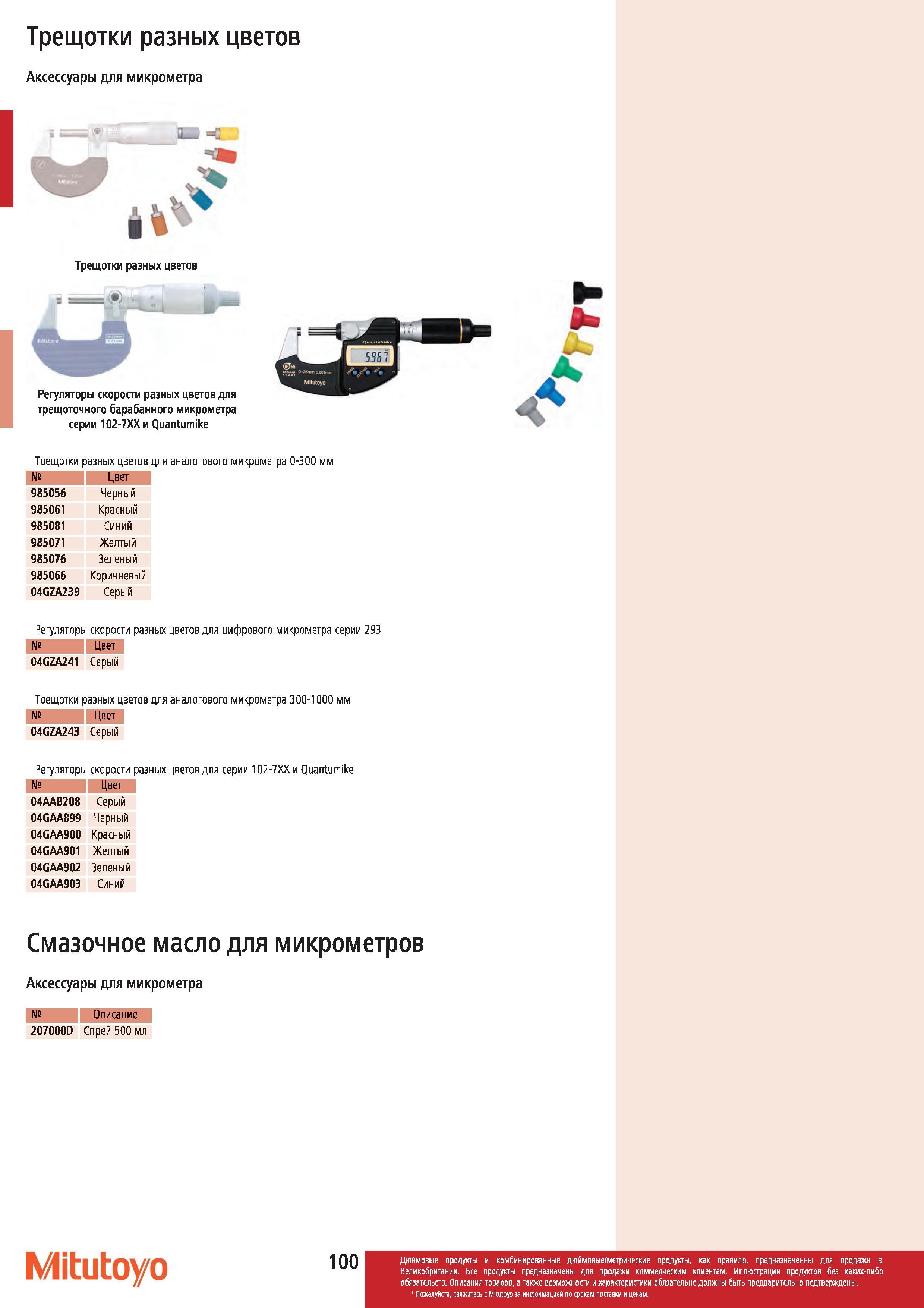 101 Регуляторы скорости Mitutoyo разных цветов для трещоточного барабанного микрометра серии 102-7ХХ и Quantumike Трещотки разных цветов для аналоговог Каталог MITUTOYO 2012 Контрольно-измерительный инструмент оборудование и приборы для машиностроения Стр. 100