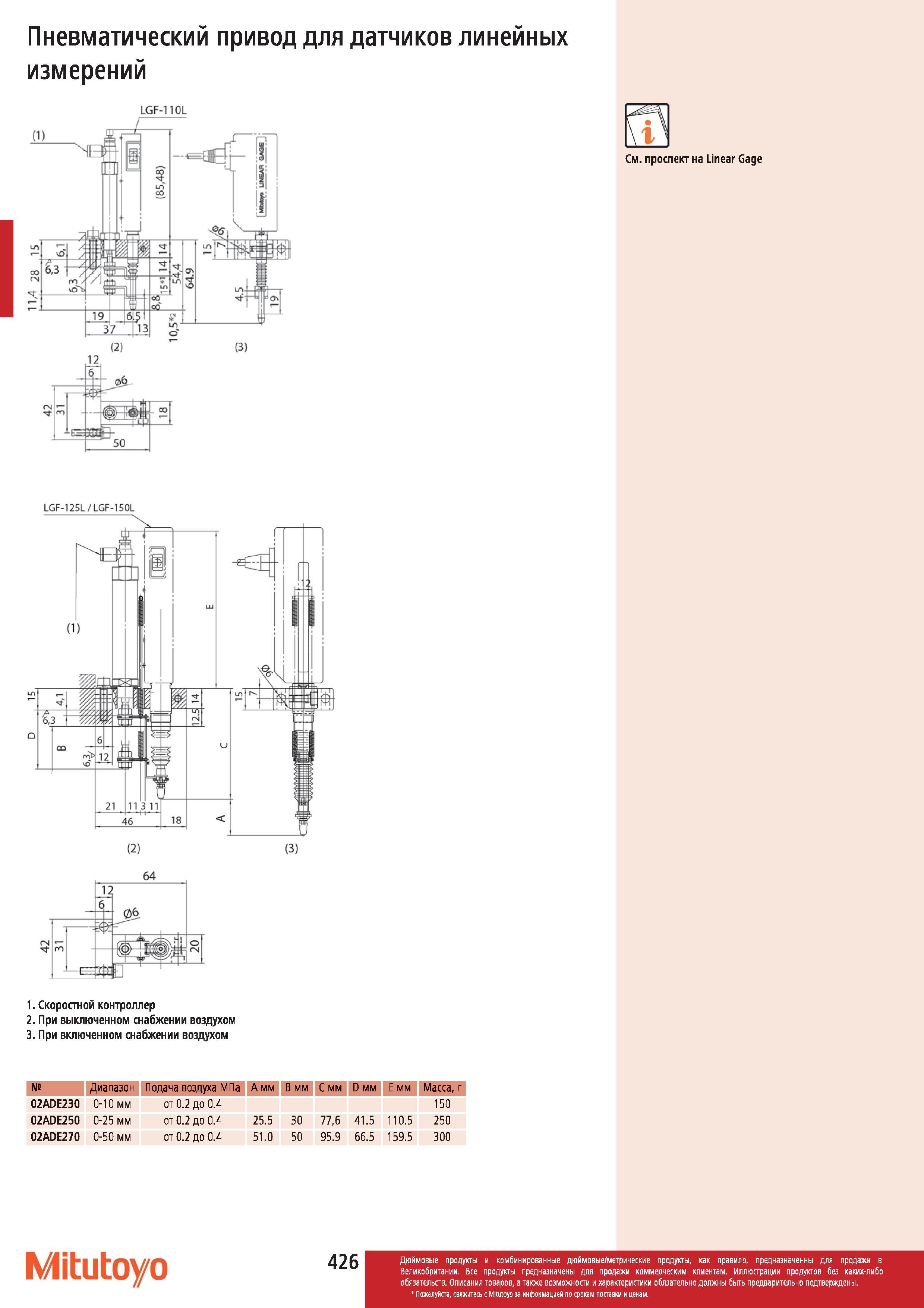 427 Пневматический привод Mitutoyo для датчиков линейных измерений LGF-110L Скоростной контроллер При выключенном снабжении воздухом При включенном сна Каталог MITUTOYO 2012 Контрольно-измерительный инструмент оборудование и приборы для машиностроения Стр. 426