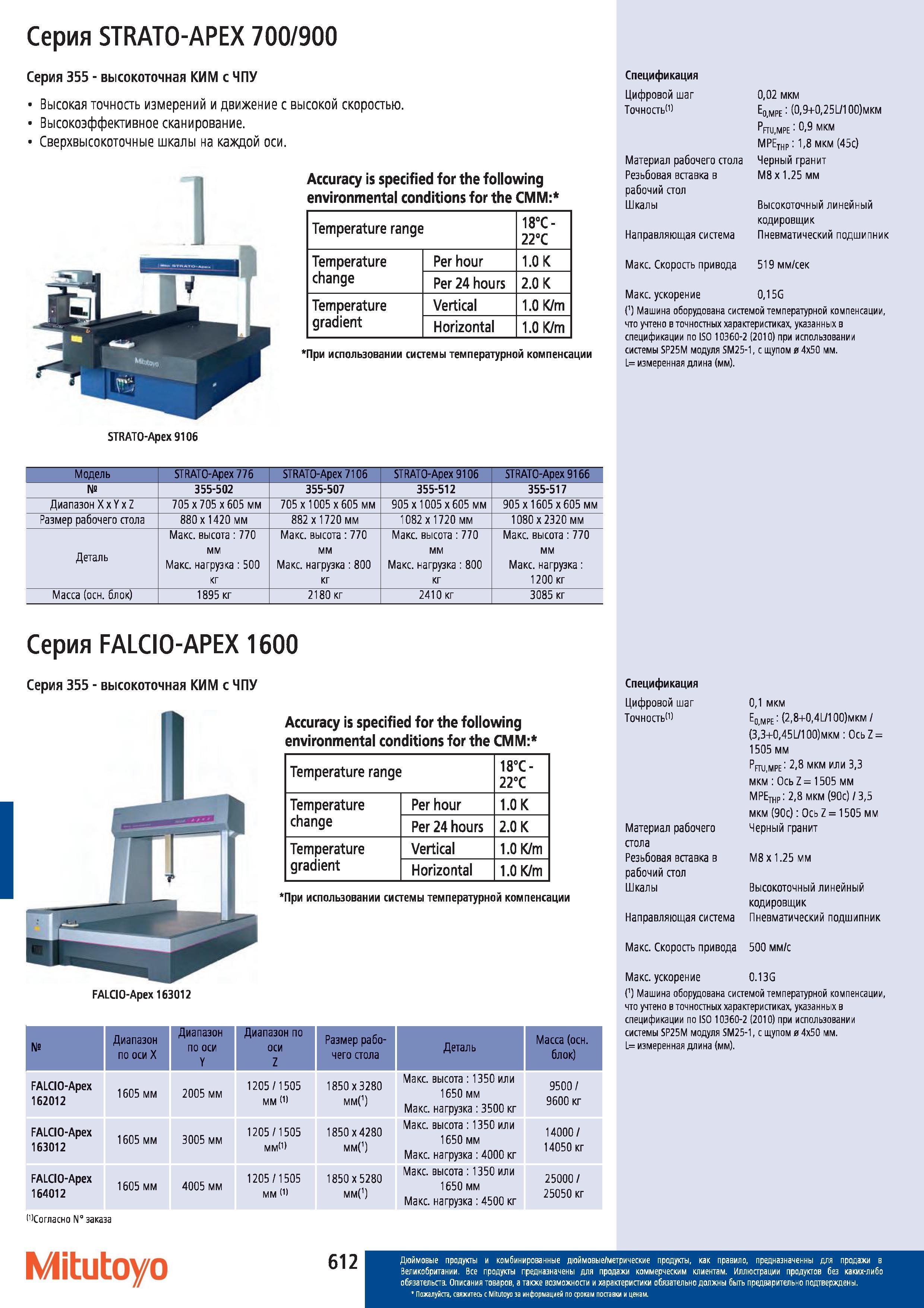 613 высокоточная КИМ Mitutoyo с ЧПУ Серия STRATO-APEX 700 900 Серия 355 Высокая точность измерений и движение с высокой скоростью Высокоэффективное ска Каталог MITUTOYO 2012 Контрольно-измерительный инструмент оборудование и приборы для машиностроения Стр. 612