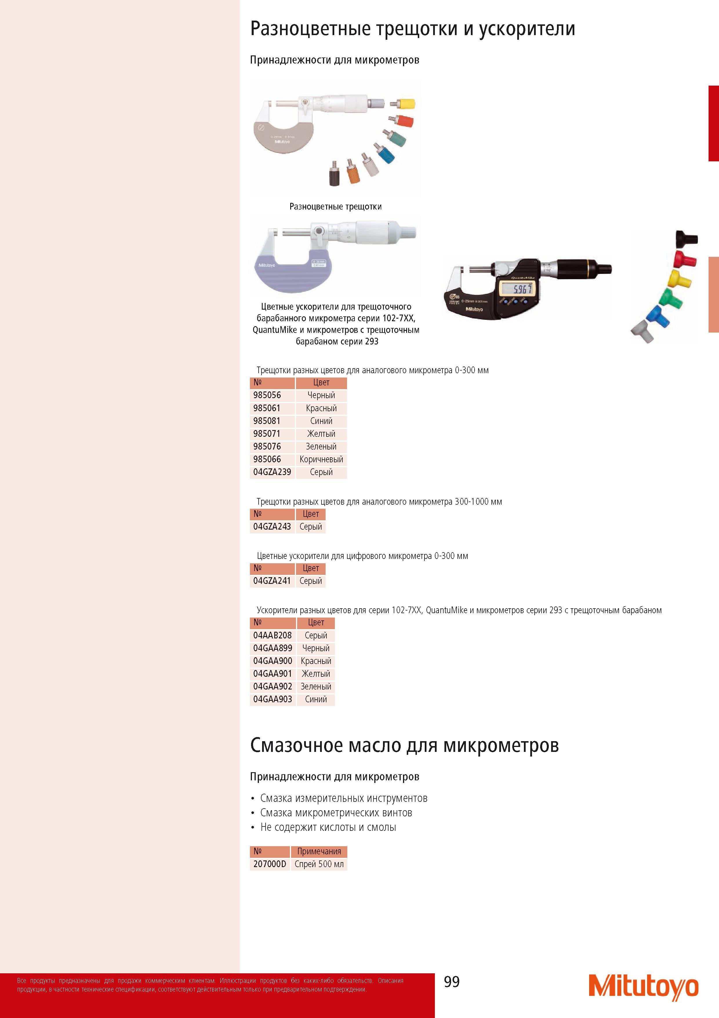 101 Цветные ускорители Mitutoyo для трещоточного барабанного микрометра серии 102-7XX QuantuMike и микрометров с трещоточным барабаном серии 293 Трещотки разных цве Каталог MITUTOYO 2014 Измерительный инструмент Контрольно-измерительные приборы и оборудование Стр. 99