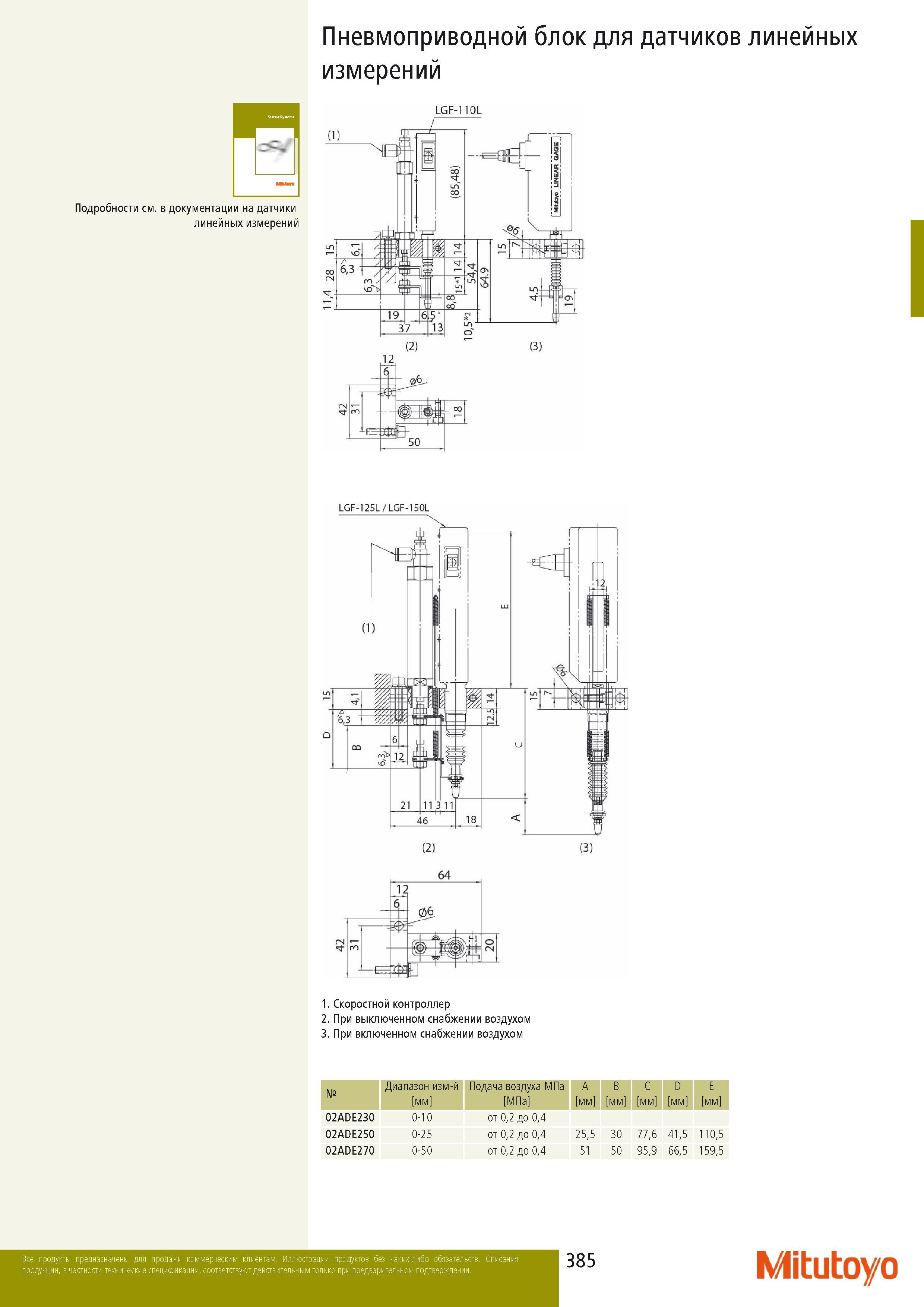 387 Пневмоприводной блок Mitutoyo для датчиков линейных измерений LGF-110L 50 LGF-125L LGF-150L Скоростной контроллер При выключенном снабжении воздухом При включен Каталог MITUTOYO 2014 Измерительный инструмент Контрольно-измерительные приборы и оборудование Стр. 385