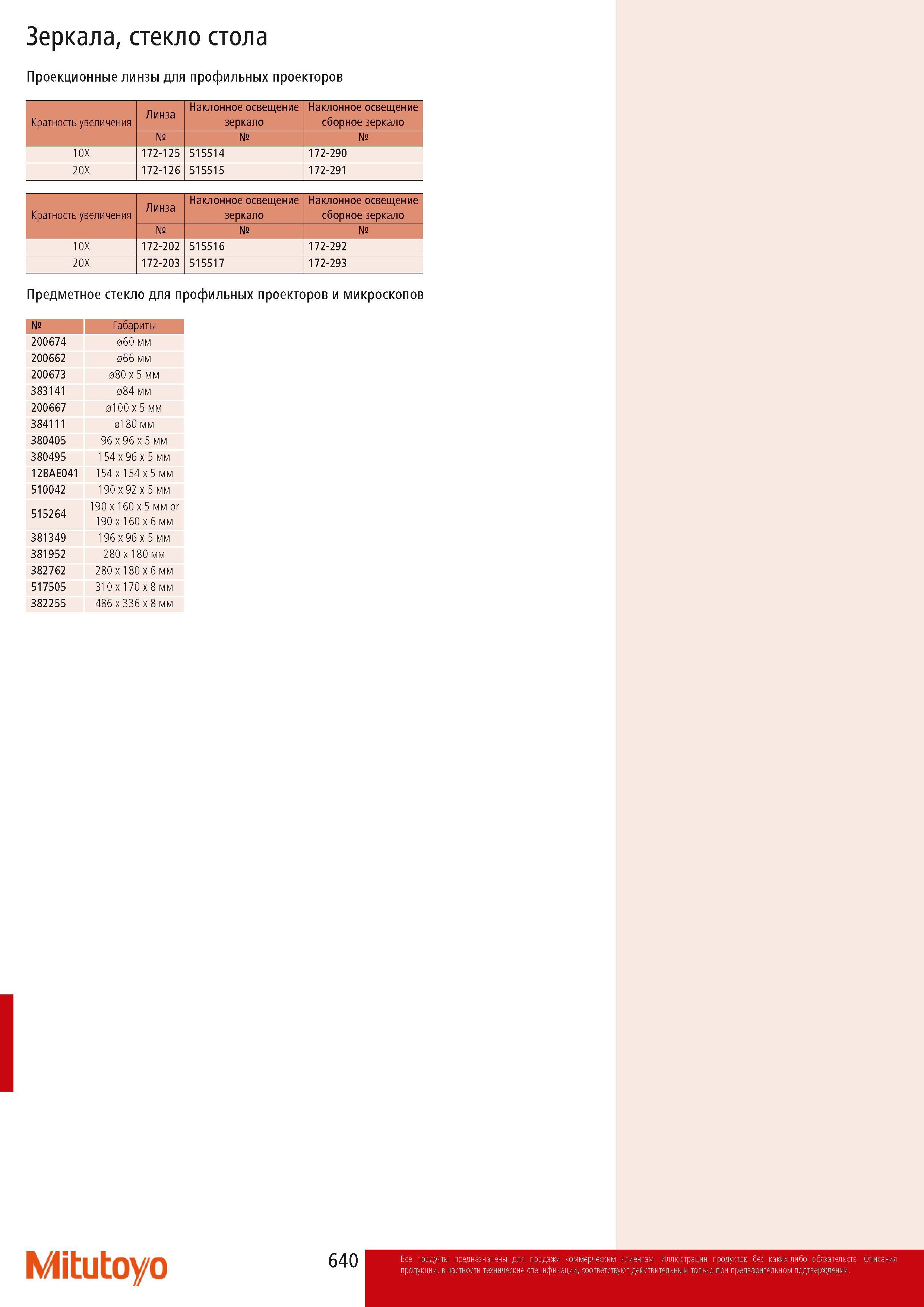 642 Зеркала стекло стола Проекционные линзы Mitutoyo для профильных проекторов Кратность увеличения Линза Наклонное освещение зеркало Наклонное освещение сборное зе Каталог MITUTOYO 2014 Измерительный инструмент Контрольно-измерительные приборы и оборудование Стр. 640