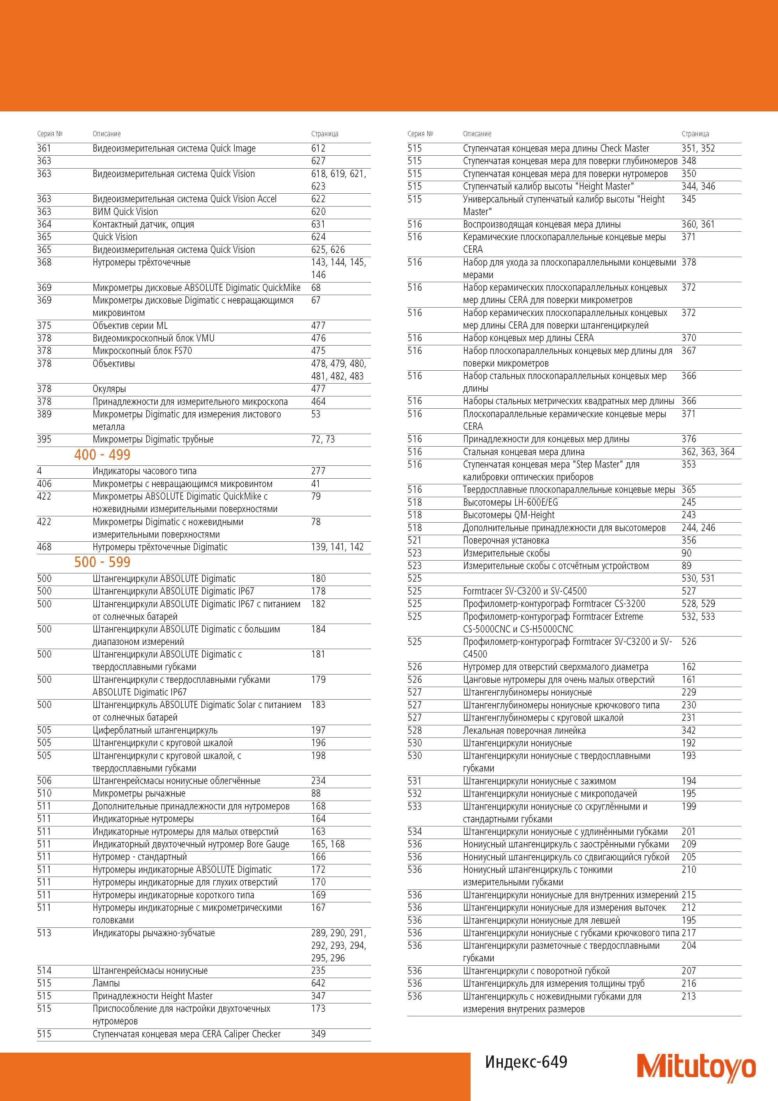 651 Индексный указатель инструментального каталога Mitutoyo Серия Описание Страница 361 Видеоизмерительная система Quick Image 612 515 Ступенчатая концевая мера дли Каталог MITUTOYO 2014 Измерительный инструмент Контрольно-измерительные приборы и оборудование Стр. 649