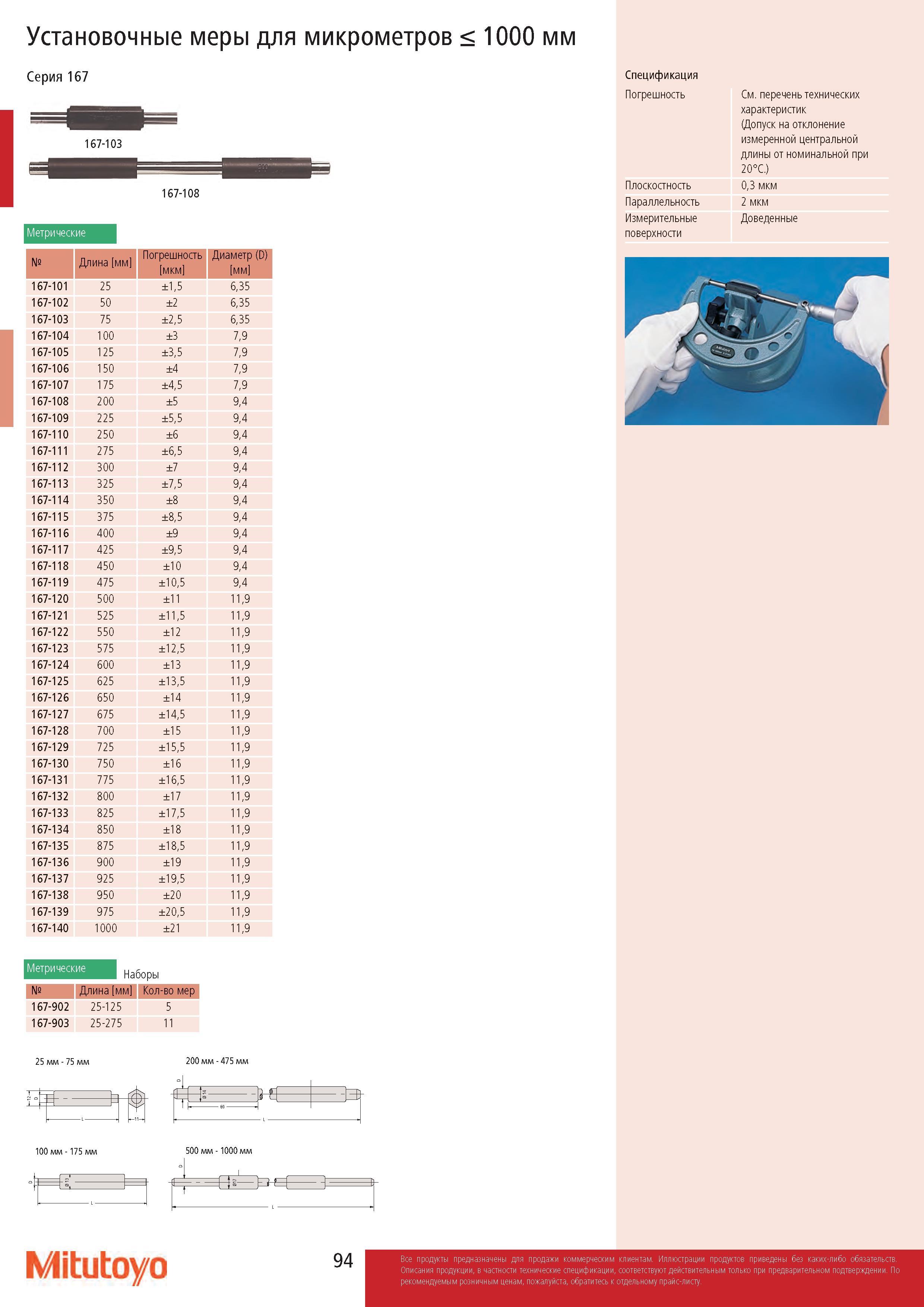 94 Установочные меры для микрометров < 1000 мм Серия 167 167-103 167-108 Метрические № Длина мм Погрешность мкм Диаметр (D) мм 167-101 25 ±1,5 6,35 167-10 Каталог MITUTOYO 2017 Инструмент измерительный Микрометры цифровые и механические Штангенциркули стандартные и специальные Индикаторы Индикаторные головки Приборы из Японии Стр. 94