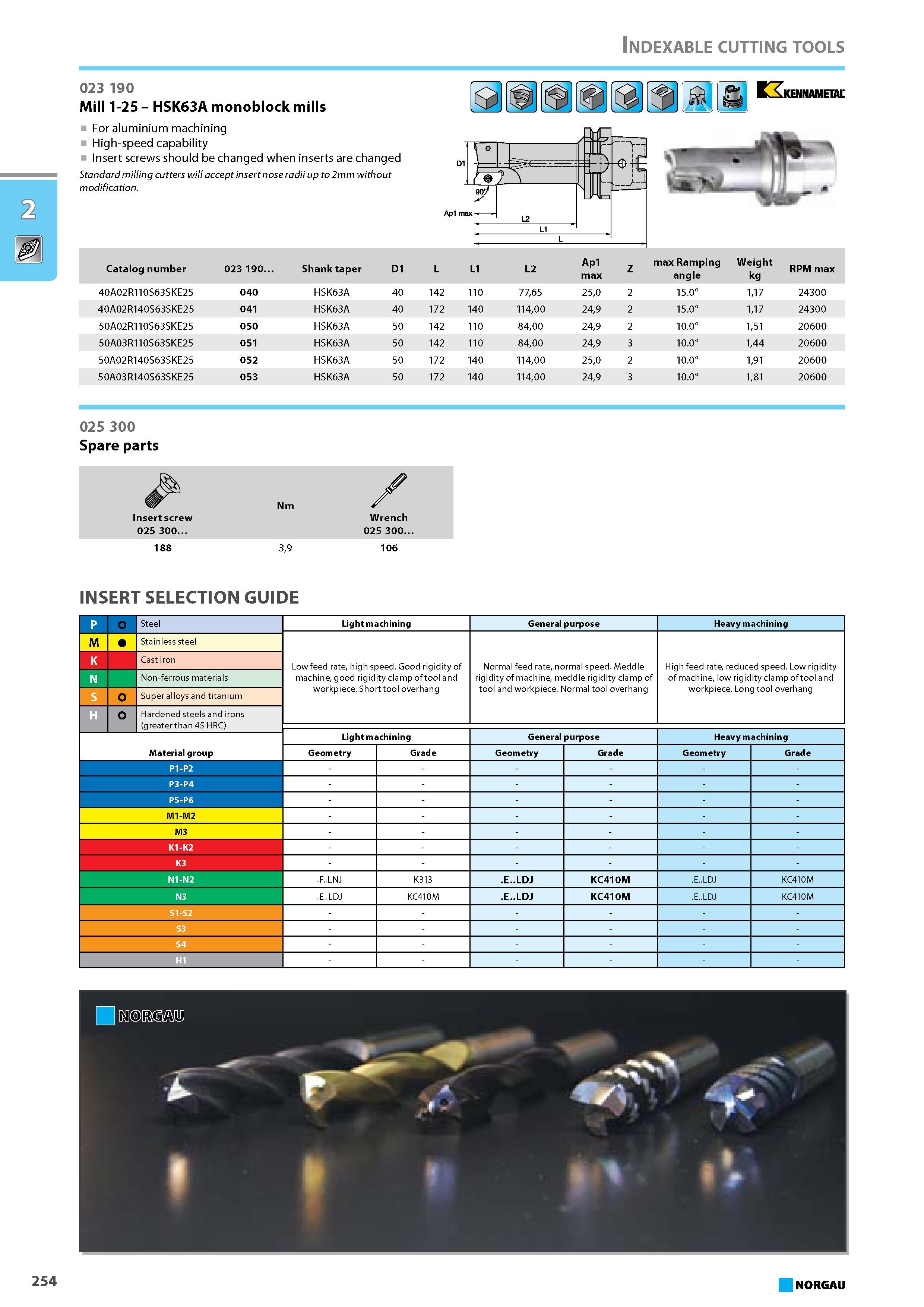 270 Mill HSK63A monoblock mills For aluminium machining High-speed capability Insert screws should be changed when inserts are changed Standard milling cutters will accept Каталог NORGAU 2015 Инструмент режущий измерительный слесарно-монтажный Стр. 254