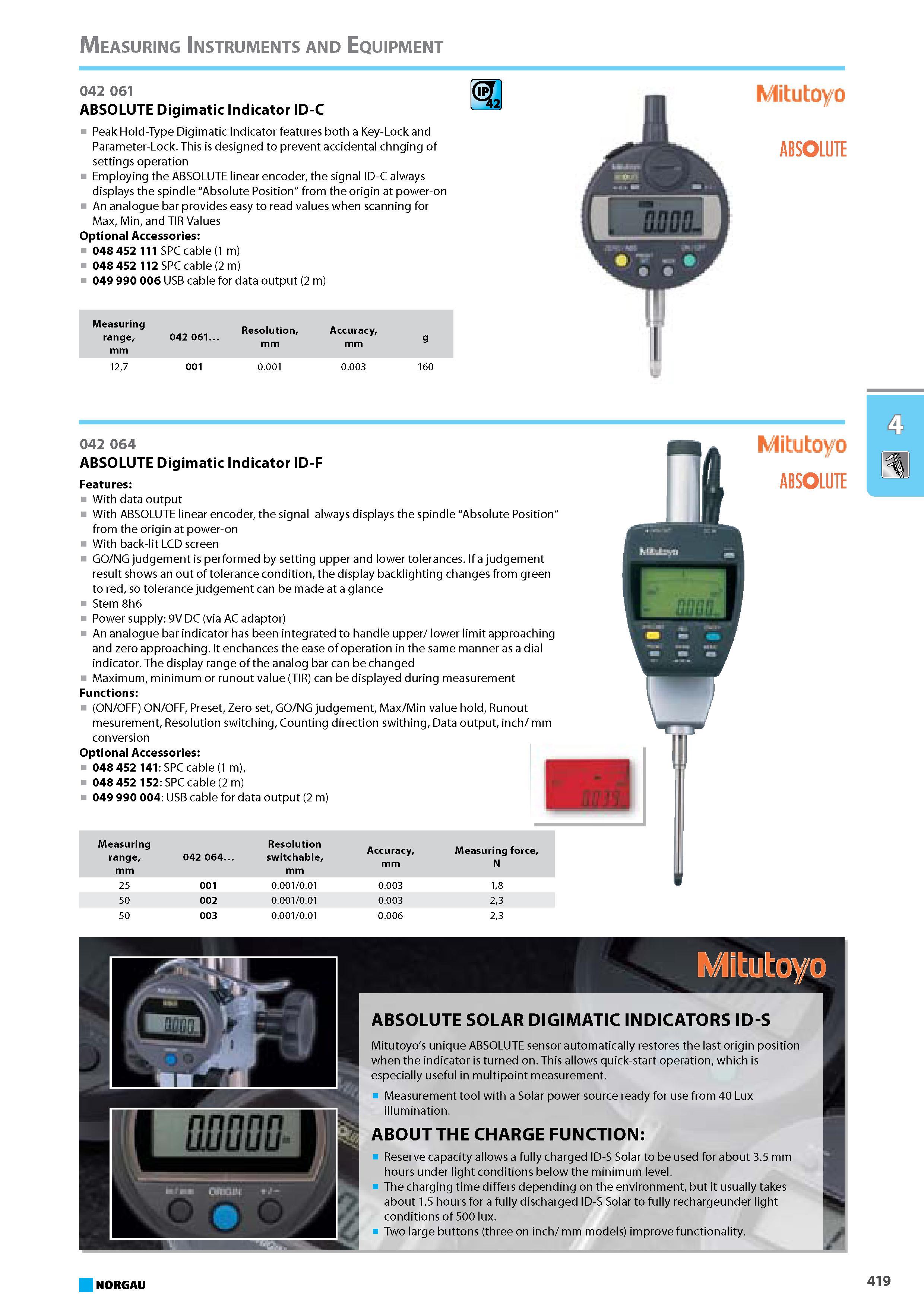 435 ABSOLUTE Digimatic Indicator ID-C Peak Hold-Type Digimatic Indicator features both a Key-Lock and Parameter-Lock. This is designed to prevent accidental chnging of set Каталог NORGAU 2015 Инструмент режущий измерительный слесарно-монтажный Стр. 419