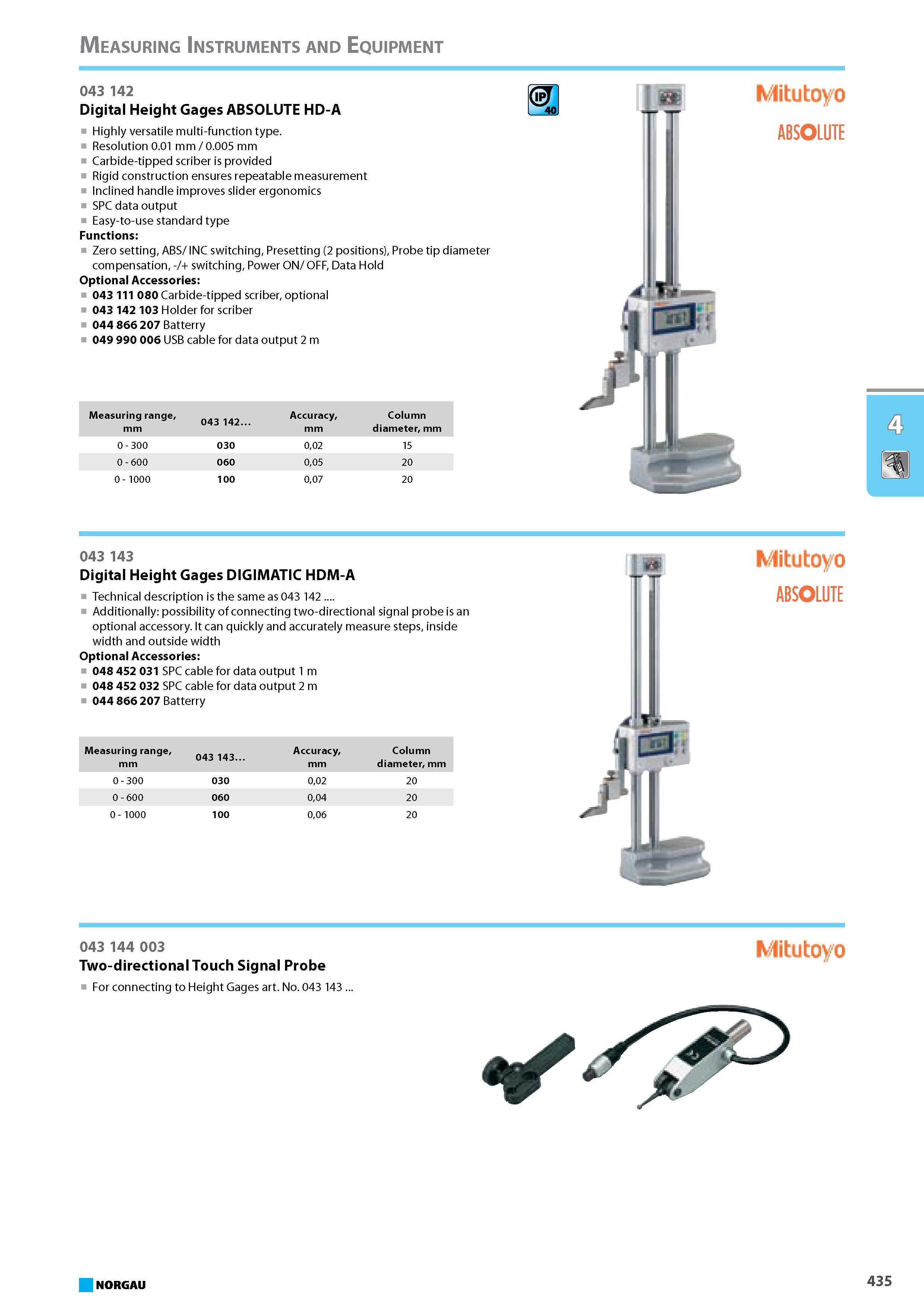 451 Digital Height Gages ABSOLUTE HD-A Highly versatile multi-function type Resolution 0.01 mm 0.005 mm Carbide-tipped scriber is provided Rigid construction ensures repea Каталог NORGAU 2015 Инструмент режущий измерительный слесарно-монтажный Стр. 435