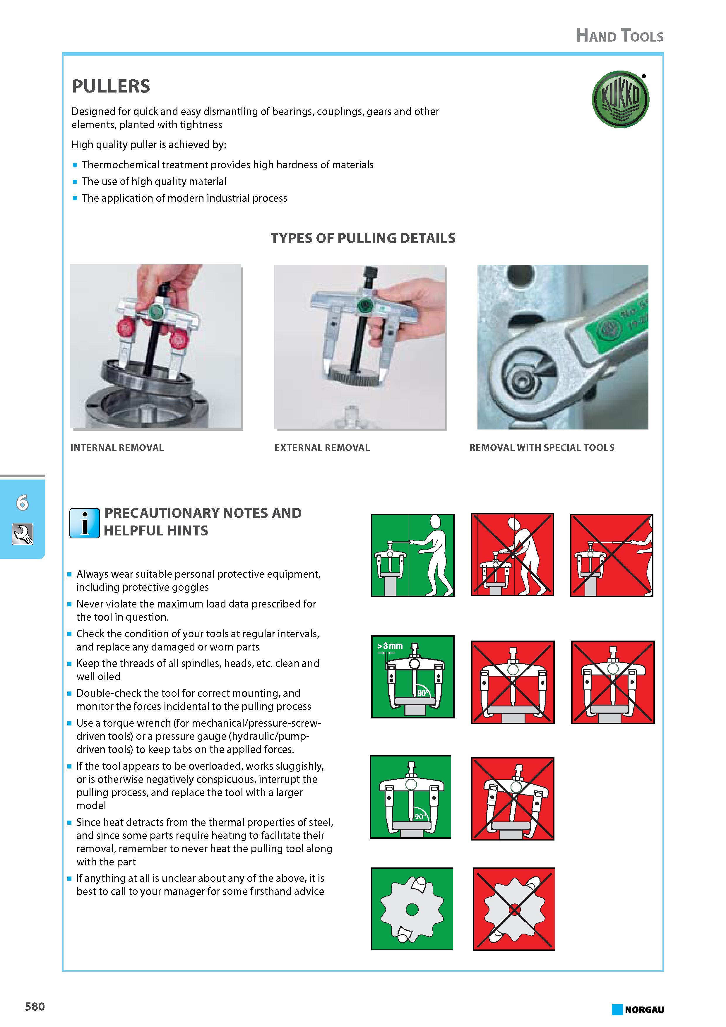 596 PULLERS Designed for quick and easy dismantling of bearings couplings gears and other elements planted with tightness High quality puller is achieved by Thermochemical Каталог NORGAU 2015 Инструмент режущий измерительный слесарно-монтажный Стр. 580