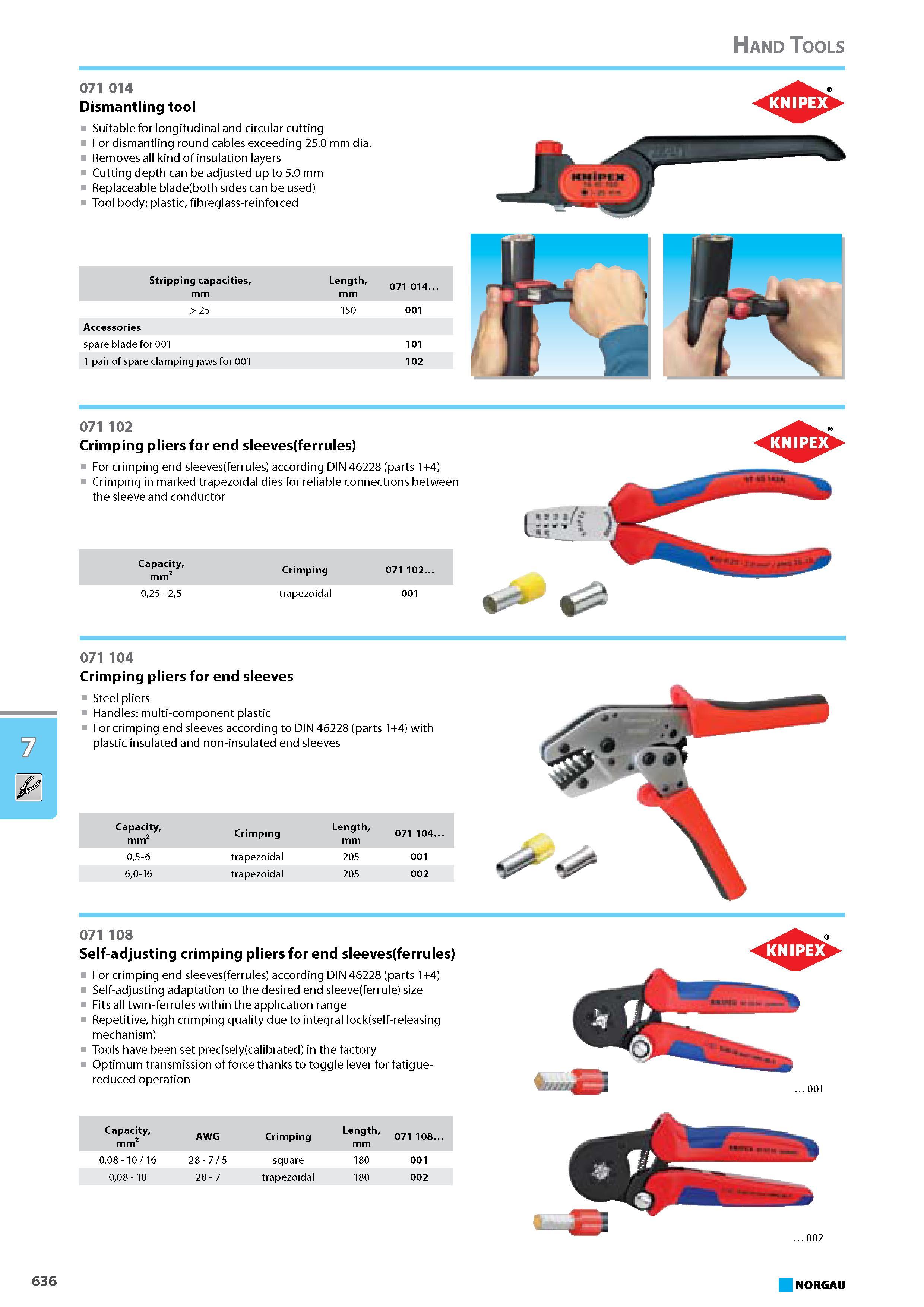 652 Self-adjusting crimping pliers for end sleeves ferrules For crimping end sleeves(ferrules) according DIN 46228 (parts 1+4) Self-adjusting adaptation to the desired end Каталог NORGAU 2015 Инструмент режущий измерительный слесарно-монтажный Стр. 636