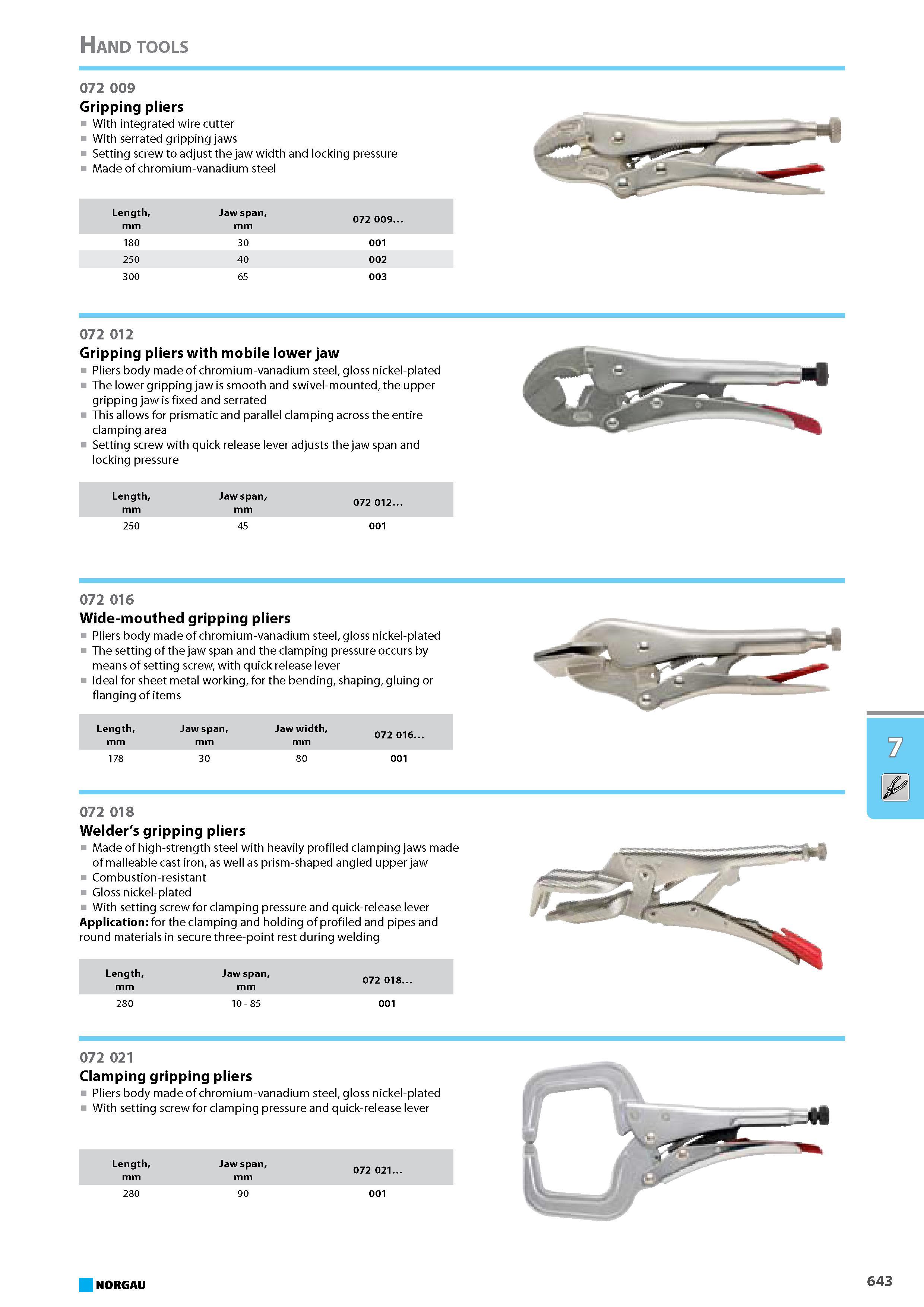 659 Wide-mouthed gripping pliers Pliers body made of chromium-vanadium steel gloss nickel-plated The setting of the jaw span and the clamping pressure occurs by means of s Каталог NORGAU 2015 Инструмент режущий измерительный слесарно-монтажный Стр. 643