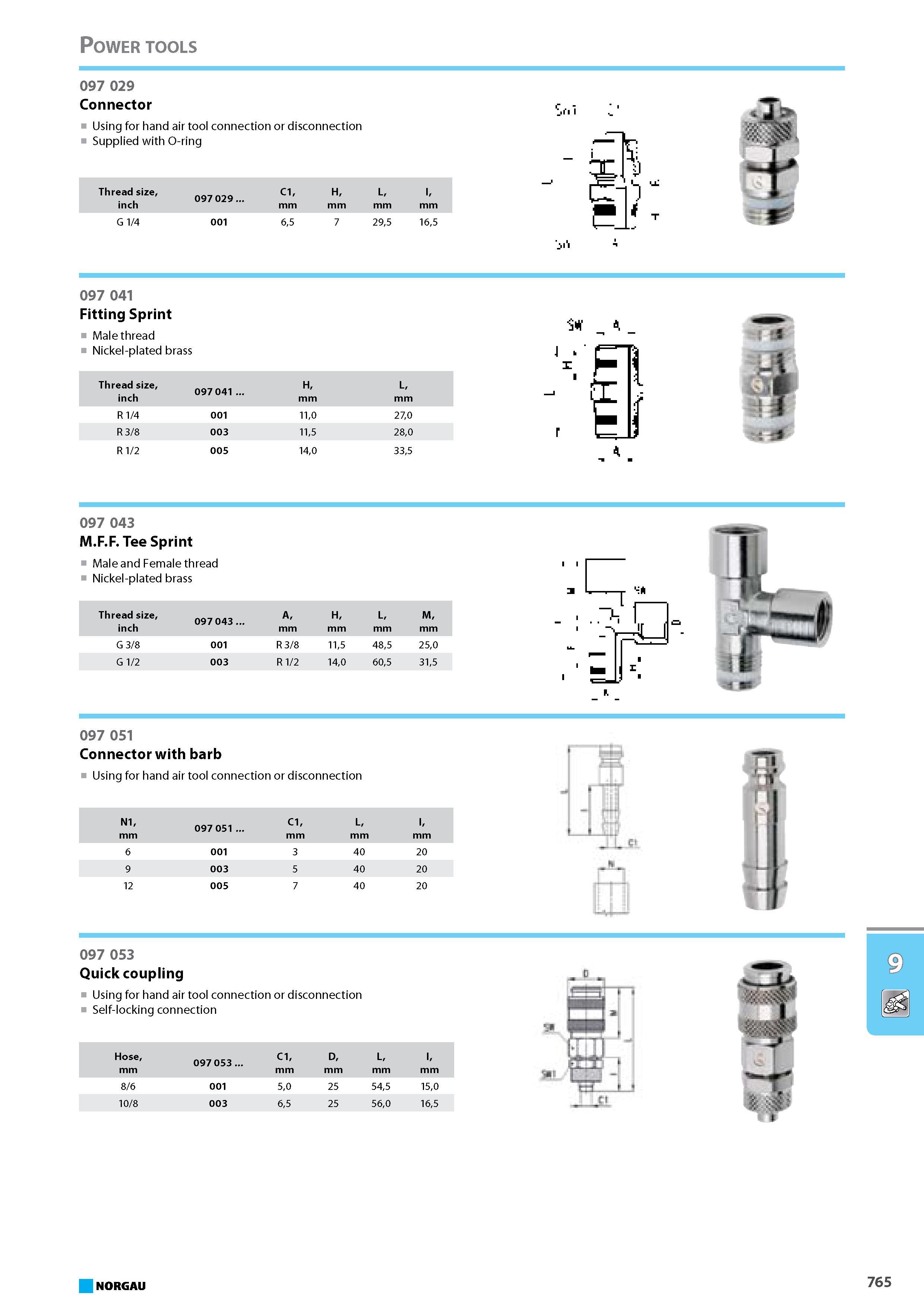 781 Connector Using for hand air tool connection or disconnection Supplied with O-ring Thread size inch Fitting Sprint Male thread Nickel-plated brass Thread size inch 097 Каталог NORGAU 2015 Инструмент режущий измерительный слесарно-монтажный Стр. 765