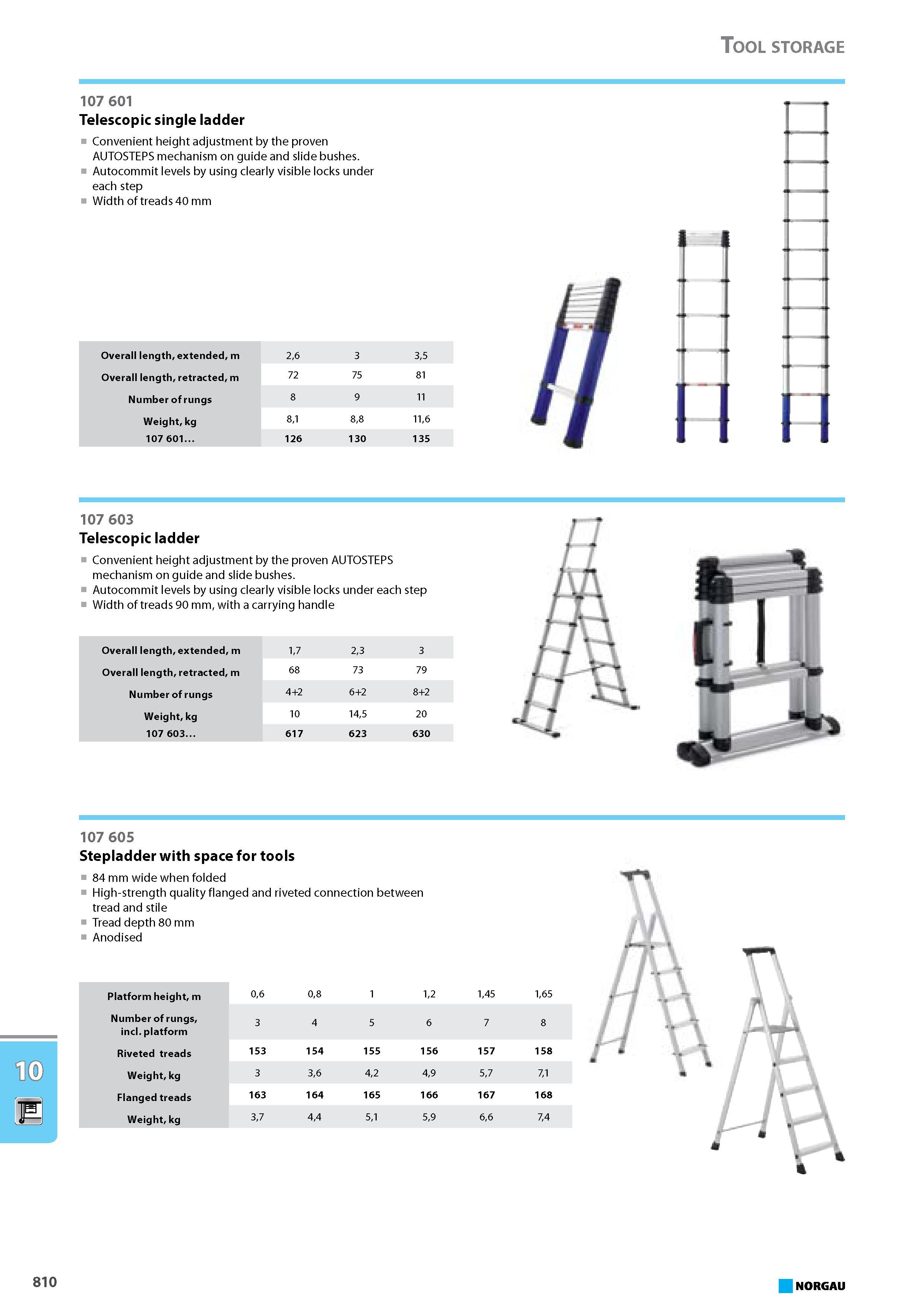 826 Telescopic single ladder Convenient height adjustment by the proven AUTOSTEPS mechanism on guide and slide bushes Autocommit levels by using clearly visible locks unde Каталог NORGAU 2015 Инструмент режущий измерительный слесарно-монтажный Стр. 810