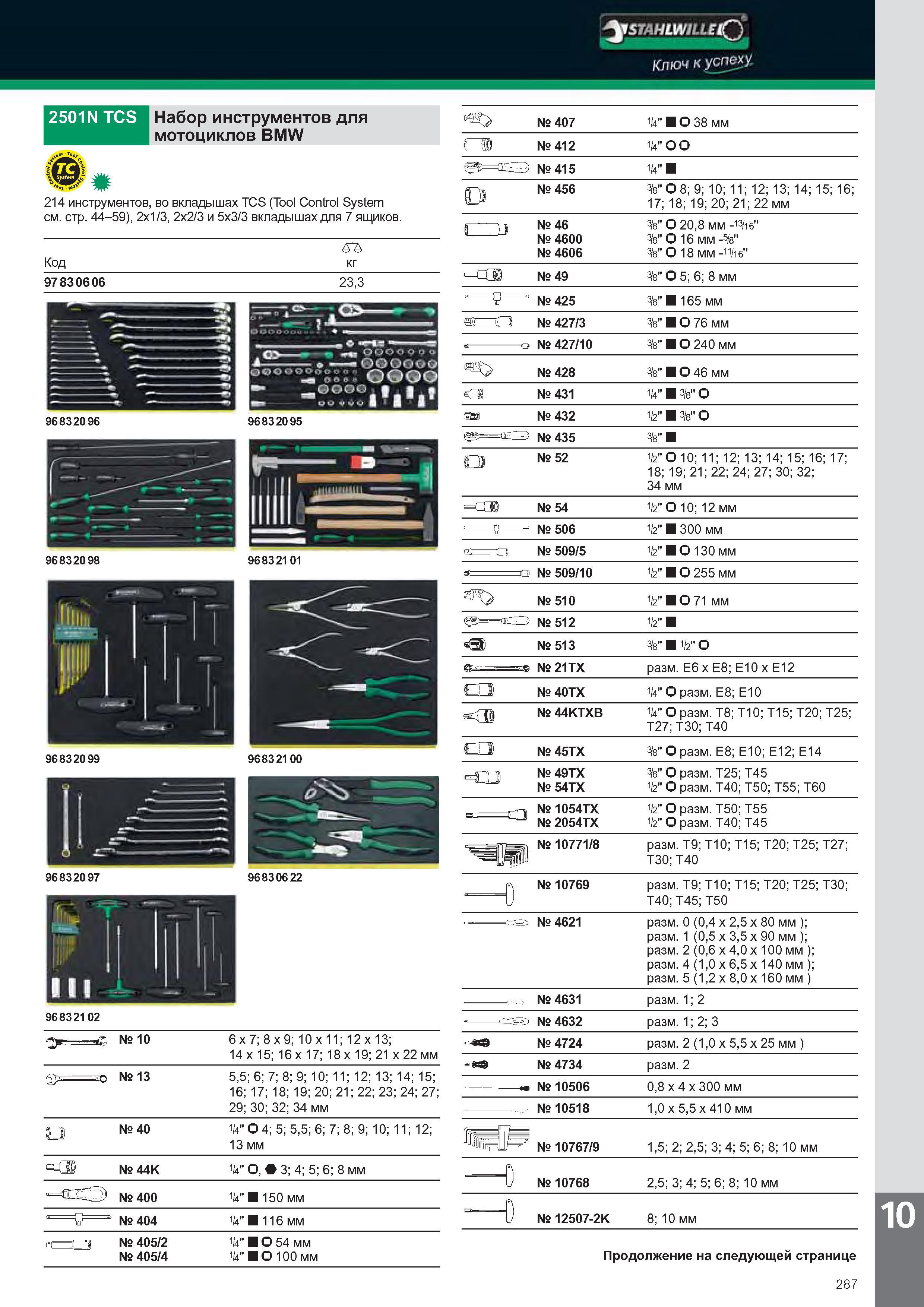 289 2501N TCS Набор инструментов для мотоциклов BMW 214 инструментов во вкладышах TCS (Tool Control System см стр 44-59) 2x1 3 2x2 3 и 5x3 3 вкладыша Каталог STAHLWILLE 2012 Слесарный ручной инструмент оборудование и средства хранения для мастерских и производственных цехов Стр. 287