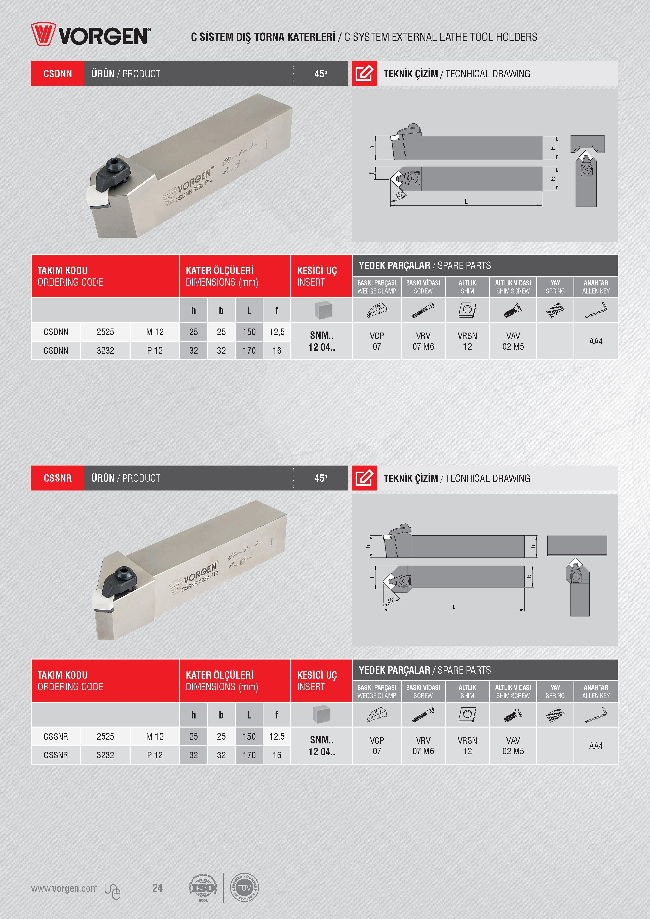 24 WVORGEN’ CSDNN ÜRÜN/PRODUCT C SİSTEM DIŞ TORNA KATERLERİ / C SYSTEM EXTERNAL LATHE TOOL HOLDERS TEKNİK ÇİZİM / TECNHICAL DRAWING TAKIM KODU ORDERING CODE Каталог VORGEN 2018 Станочный инструмент с режущими сменными пластинами Токарные резцы Расточные державки и оправки Фрезы концевые и насадные с СРП Сверла Стр. 24
