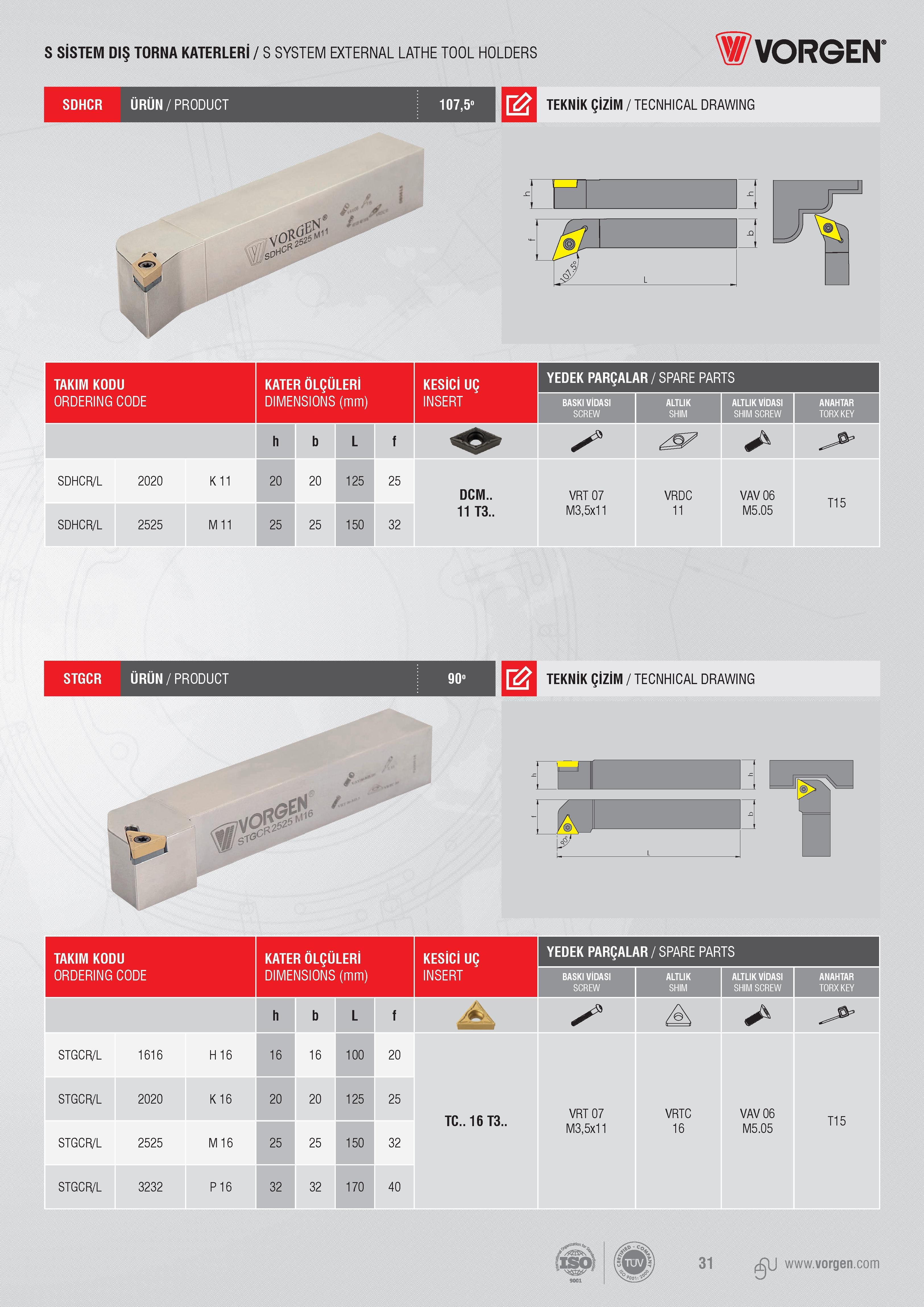 31 S SİSTEM DIŞ TORNA KATERLERİ / S SYSTEM EXTERNAL LATHE TOOL HOLDERS Vorgen SDHCR ÜRÜN/PRODUCT 107,5° TEKNİK ÇİZİM / TECNHICAL DRAWING TAKIM KODU ORDERING Каталог VORGEN 2018 Станочный инструмент с режущими сменными пластинами Токарные резцы Расточные державки и оправки Фрезы концевые и насадные с СРП Сверла Стр. 31