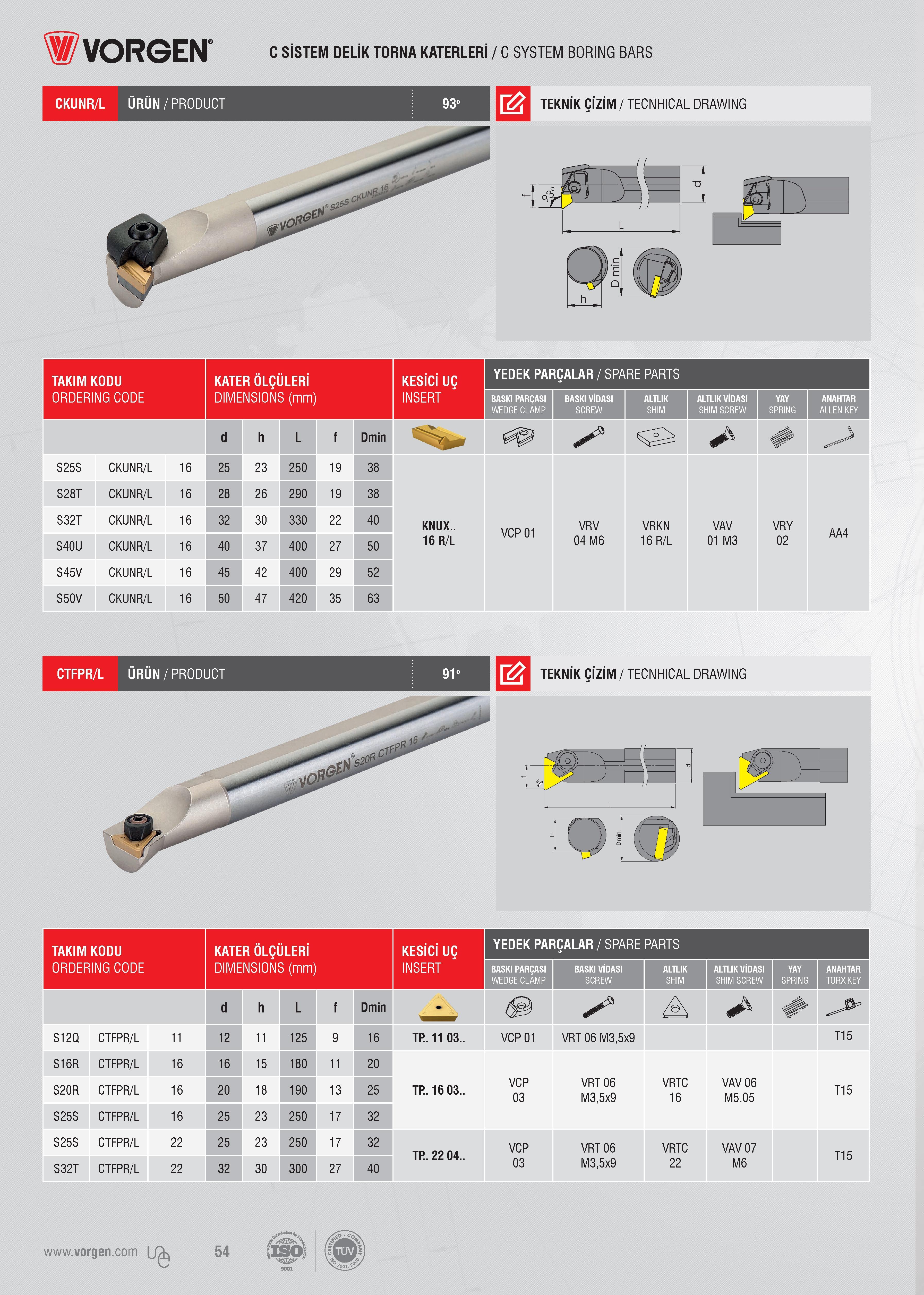 53 Vorgen C SİSTEM DELİK TORNA KATERLERİ / C SYSTEM BORING BARS CKUNR/L URUN/PRODUCT TEKNİK ÇİZİM / TECNHICAL DRAWING TAKIM KODU ORDERING CODE Код для заказ Каталог VORGEN 2018 Станочный инструмент с режущими сменными пластинами Токарные резцы Расточные державки и оправки Фрезы концевые и насадные с СРП Сверла Стр. 53