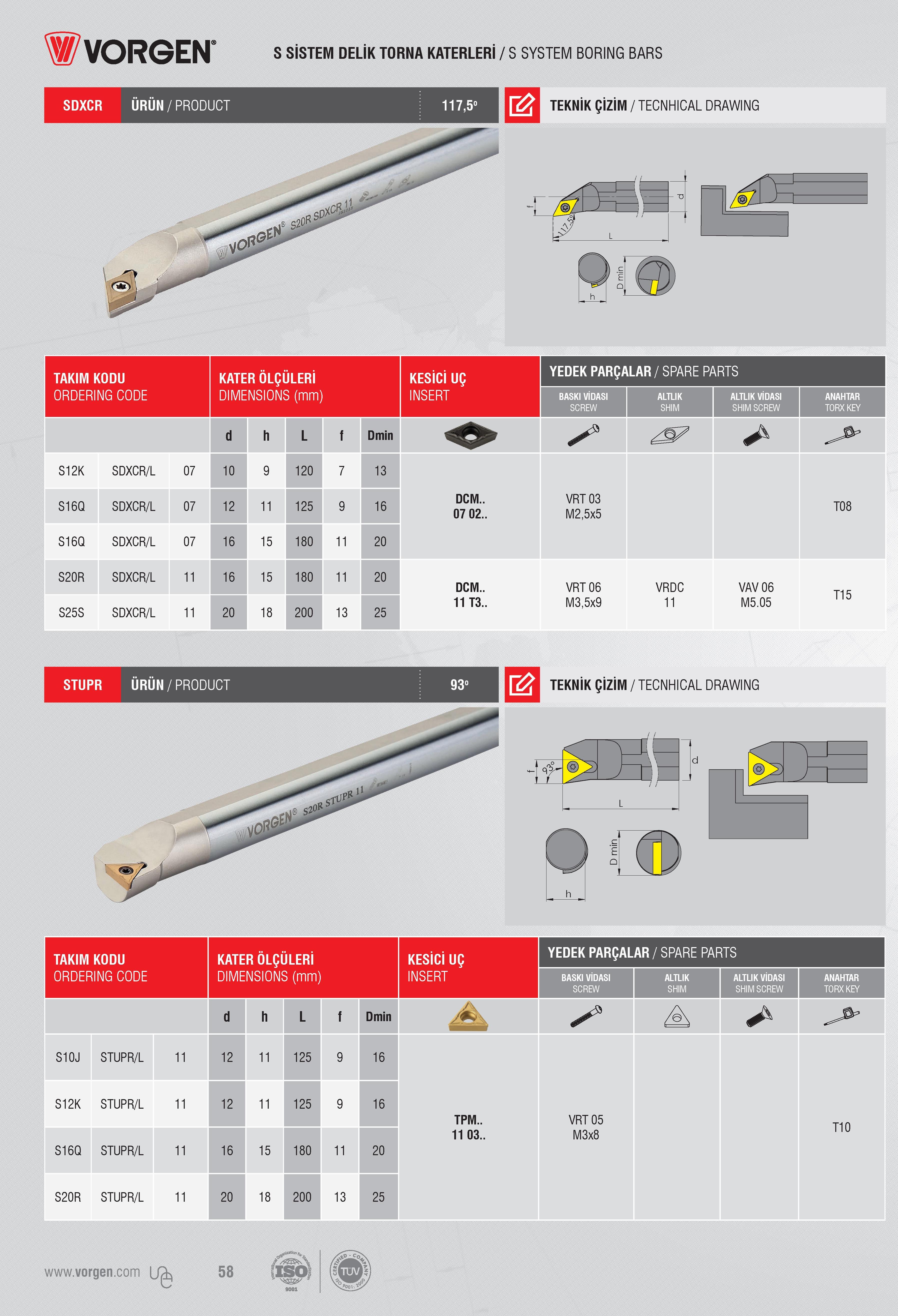 57 S SİSTEM DELİK TORNA KATERLERİ / S SYSTEM BORING BARS SDXCR ÜRÜN/PRODUCT 117,5° TEKNİK ÇİZİM / TECNHICAL DRAWING TAKIM KODU ORDERING CODE Код для заказа Каталог VORGEN 2018 Станочный инструмент с режущими сменными пластинами Токарные резцы Расточные державки и оправки Фрезы концевые и насадные с СРП Сверла Стр. 57