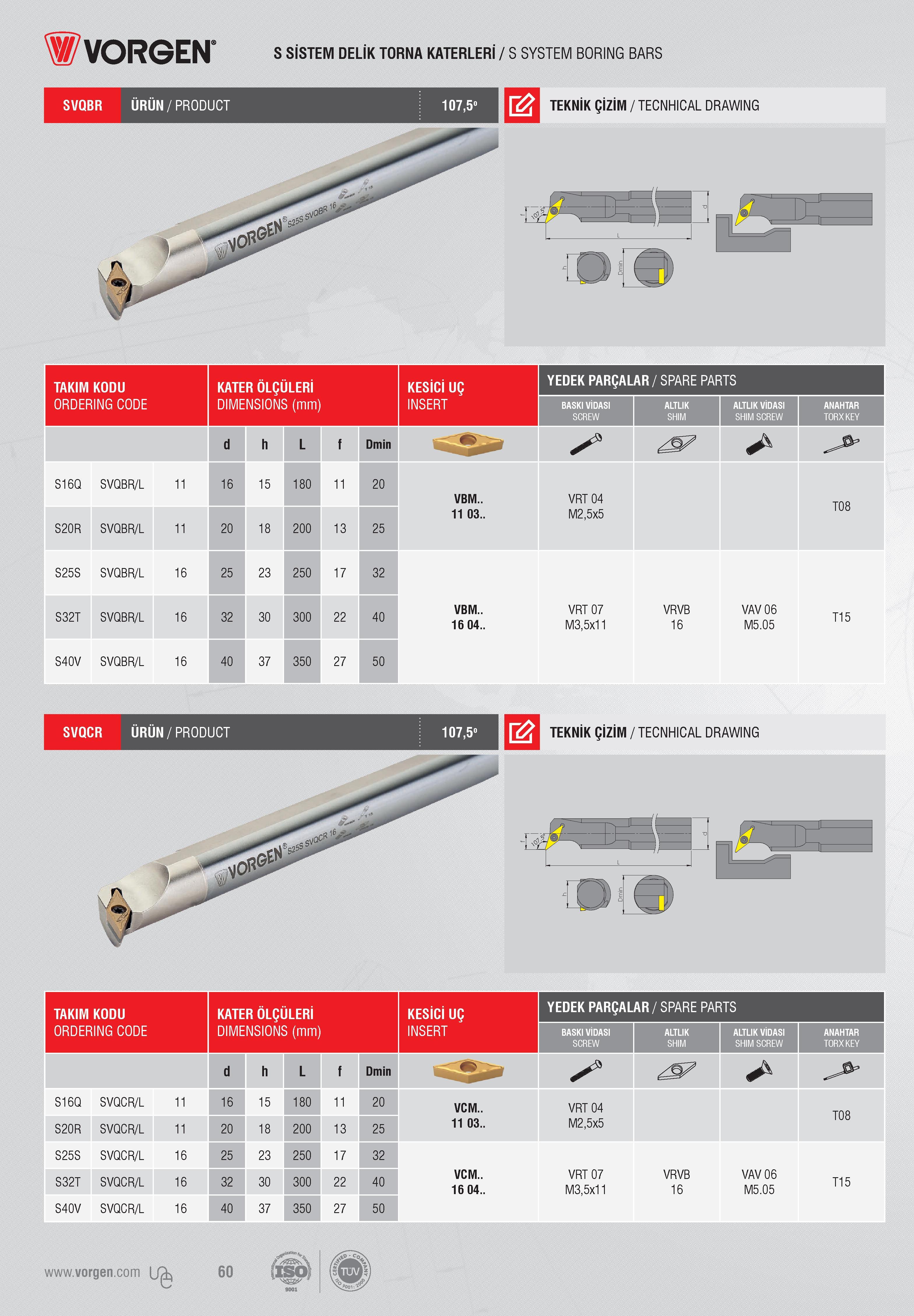 59 Vorgen SVQBR ÜRÜN/PRODUCT S SİSTEM DELİK TORNA KATERLERI / S SYSTEM BORING BARS TEKNİK ÇİZİM / TECNHICAL DRAWING TAKIM KODU KATER ÖLÇÜLERİ YEDEK PARÇALAR Каталог VORGEN 2018 Станочный инструмент с режущими сменными пластинами Токарные резцы Расточные державки и оправки Фрезы концевые и насадные с СРП Сверла Стр. 59