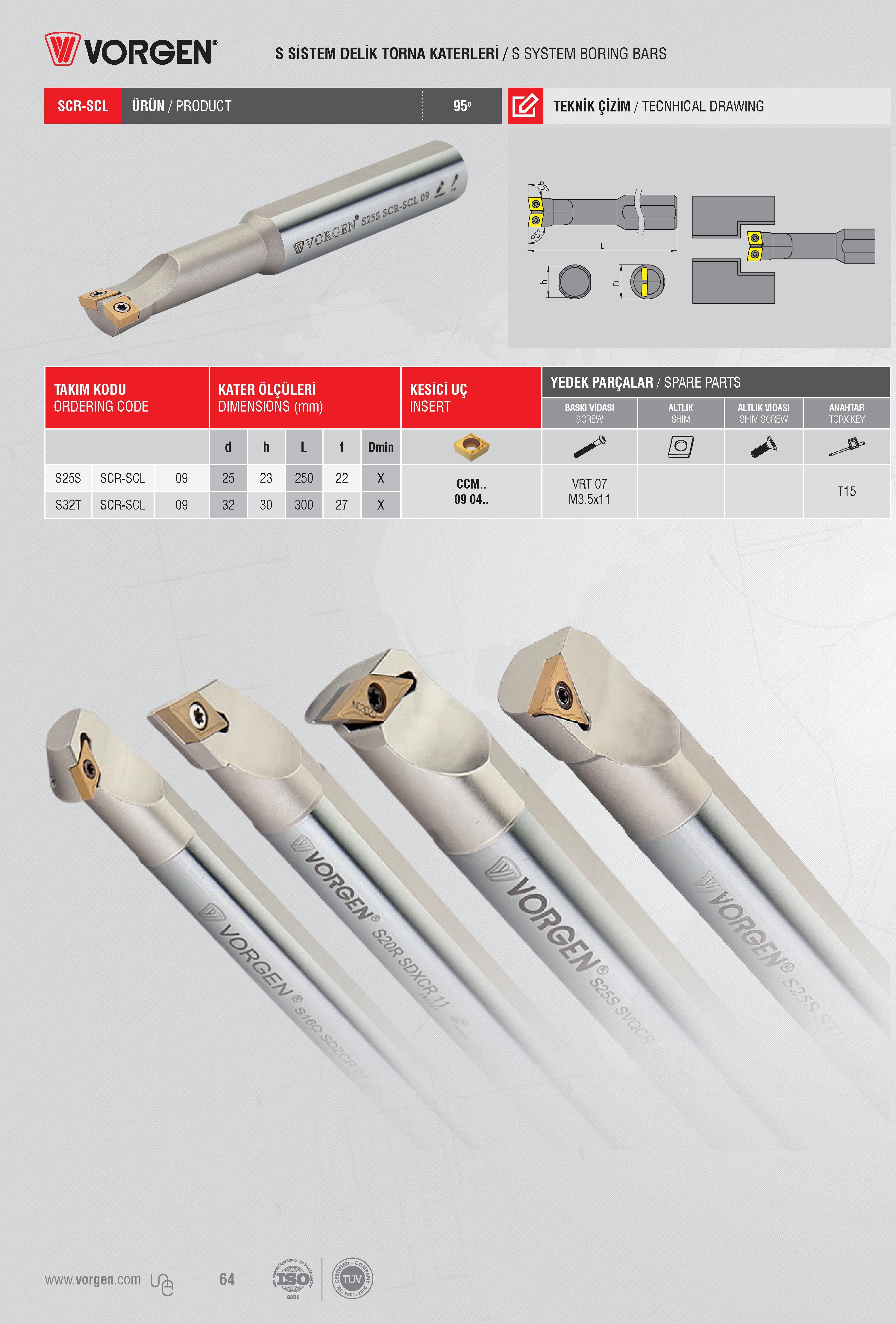 63 S SİSTEM DELİK TORNA KATERLERİ / S SYSTEM BORING BARS SCR-SCL ÜRÜN/PRODUCT 95 TEKNİK ÇİZİM / TECNHICAL DRAWING TAKIM KODU ORDERING CODE Код для заказа ин Каталог VORGEN 2018 Станочный инструмент с режущими сменными пластинами Токарные резцы Расточные державки и оправки Фрезы концевые и насадные с СРП Сверла Стр. 63