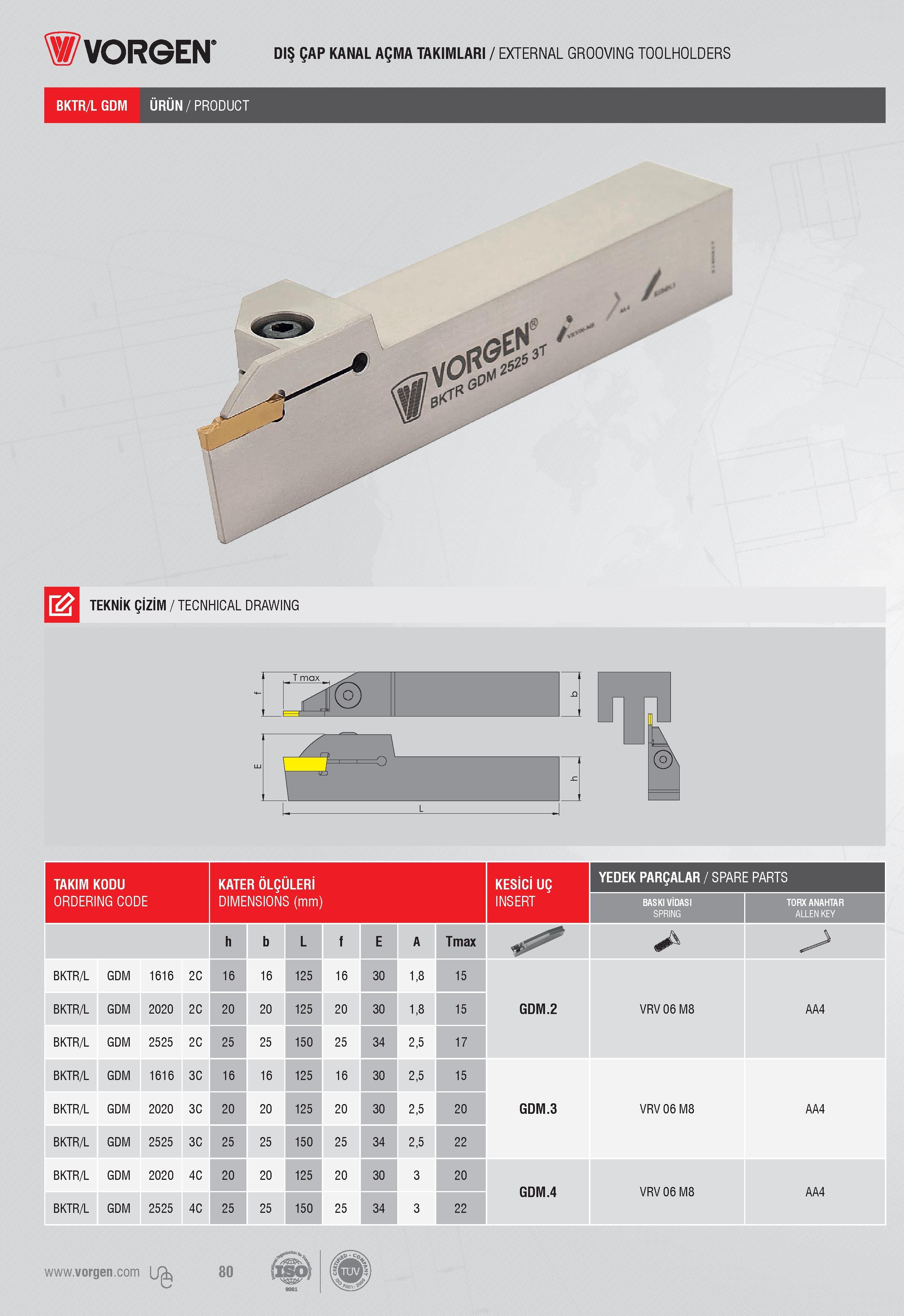 78 Vorgen DIŞ ÇAP KANAL AÇMA TAKIMLARI / EXTERNAL GROOVING TOOLHOLDERS BKTR/L GDM URUN / PRODUCT TEKNİK ÇİZİM / TECNHICAL DRAWING 1 T max 1 1 rlfe) n ’ TAKI Каталог VORGEN 2018 Станочный инструмент с режущими сменными пластинами Токарные резцы Расточные державки и оправки Фрезы концевые и насадные с СРП Сверла Стр. 78