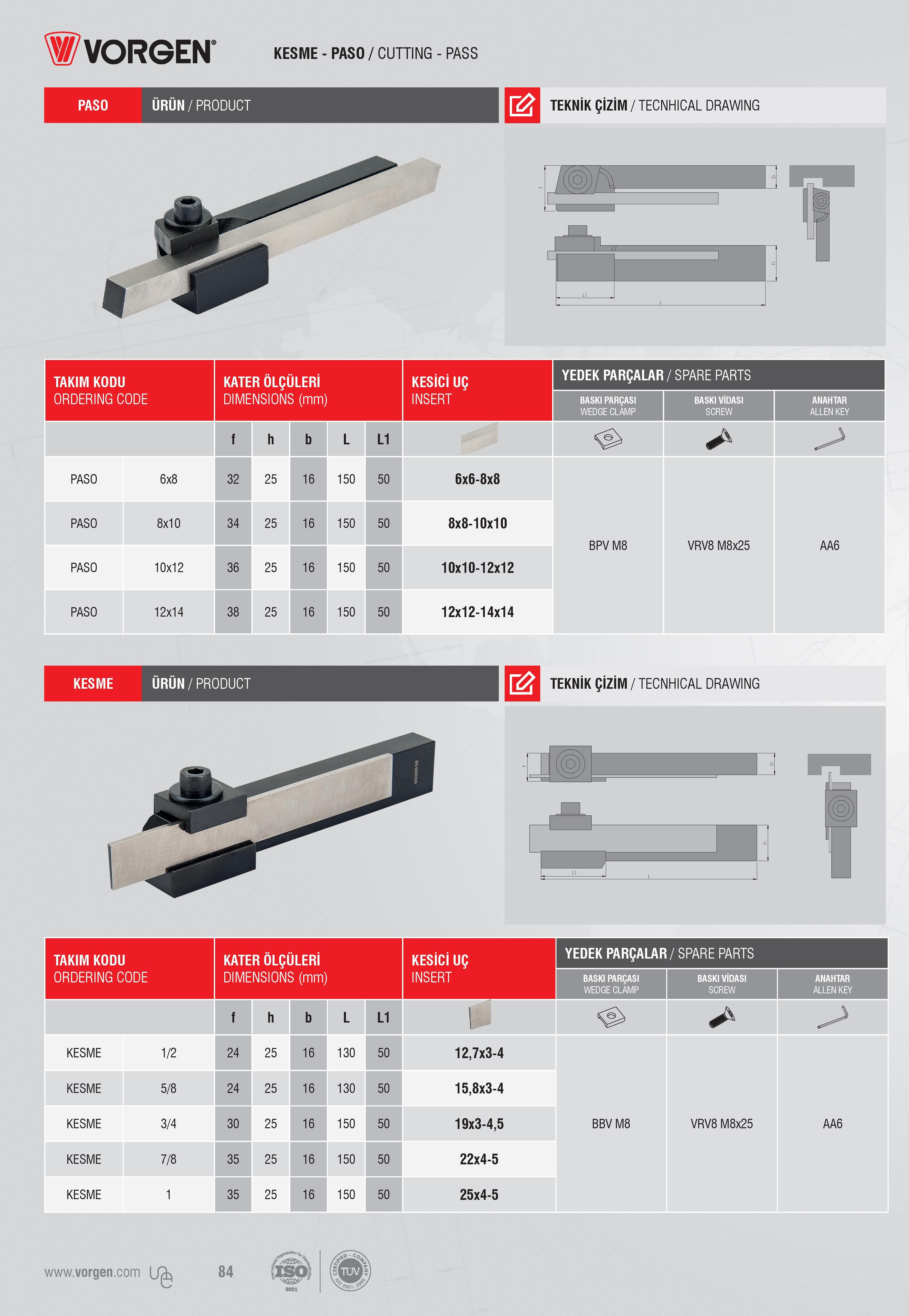 82 WVORGEN- KESME - PASO / CUTTING - PASS ÜRÜN/PRODUCT TEKNİK ÇİZİM / TECNHICAL DRAWING % r TAKIM KODL KATER ÖLÇÜLERİ KESİCİ UÇ YEDEK PARÇALAR / SPARE PARTS Каталог VORGEN 2018 Станочный инструмент с режущими сменными пластинами Токарные резцы Расточные державки и оправки Фрезы концевые и насадные с СРП Сверла Стр. 82