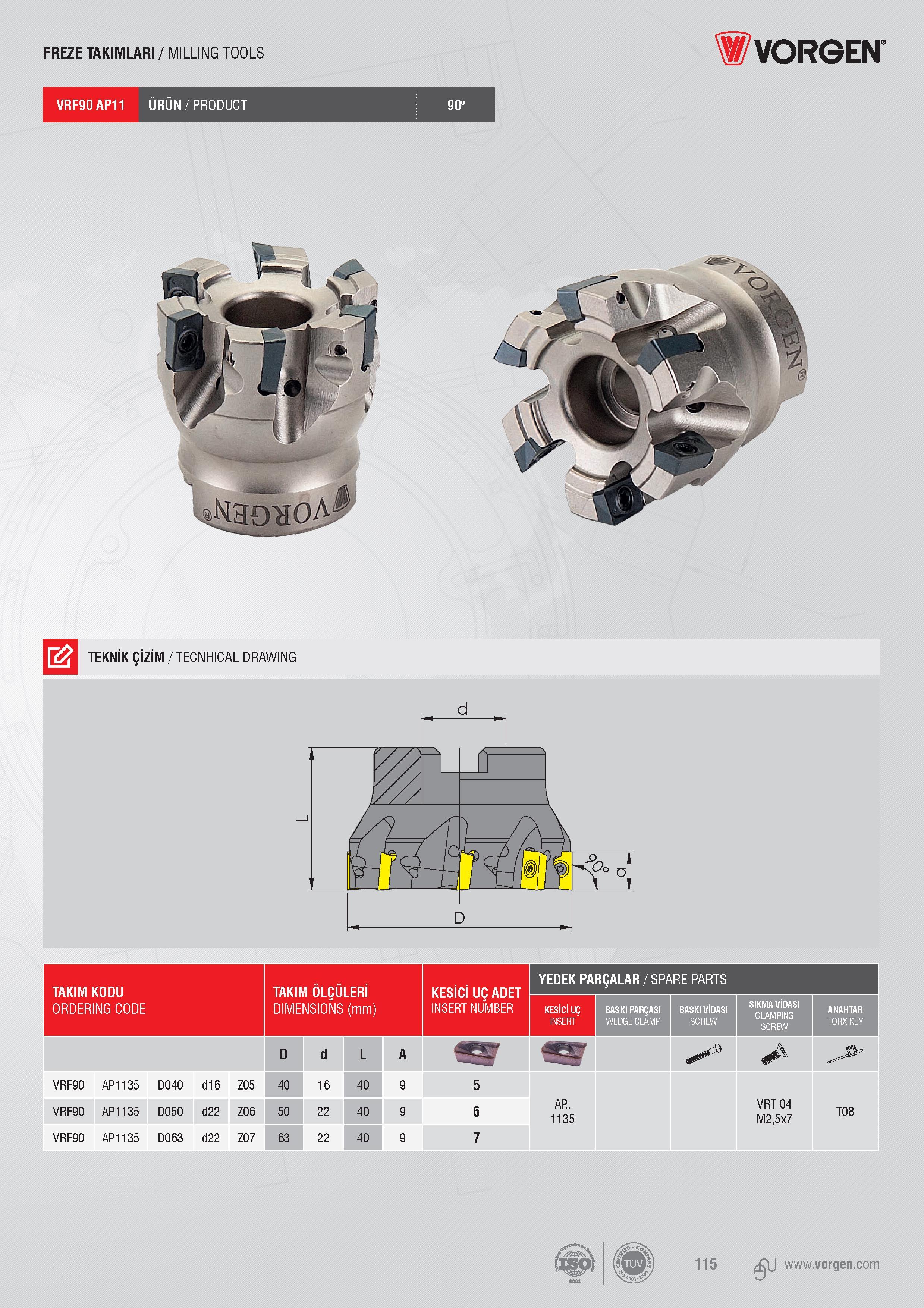 113 FREZE TAKIMLARI / MILLING TOOLS Vorgen VRF90AP11 ÜRÜN/PRODUCT 90 TEKNİK ÇİZİM / TECNHICAL DRAWING TAKIM KODU TAKIM ÖLÇÜLERİ DIMENSIONS (mm) Размеры указа Каталог VORGEN 2018 Станочный инструмент с режущими сменными пластинами Токарные резцы Расточные державки и оправки Фрезы концевые и насадные с СРП Сверла Стр. 113