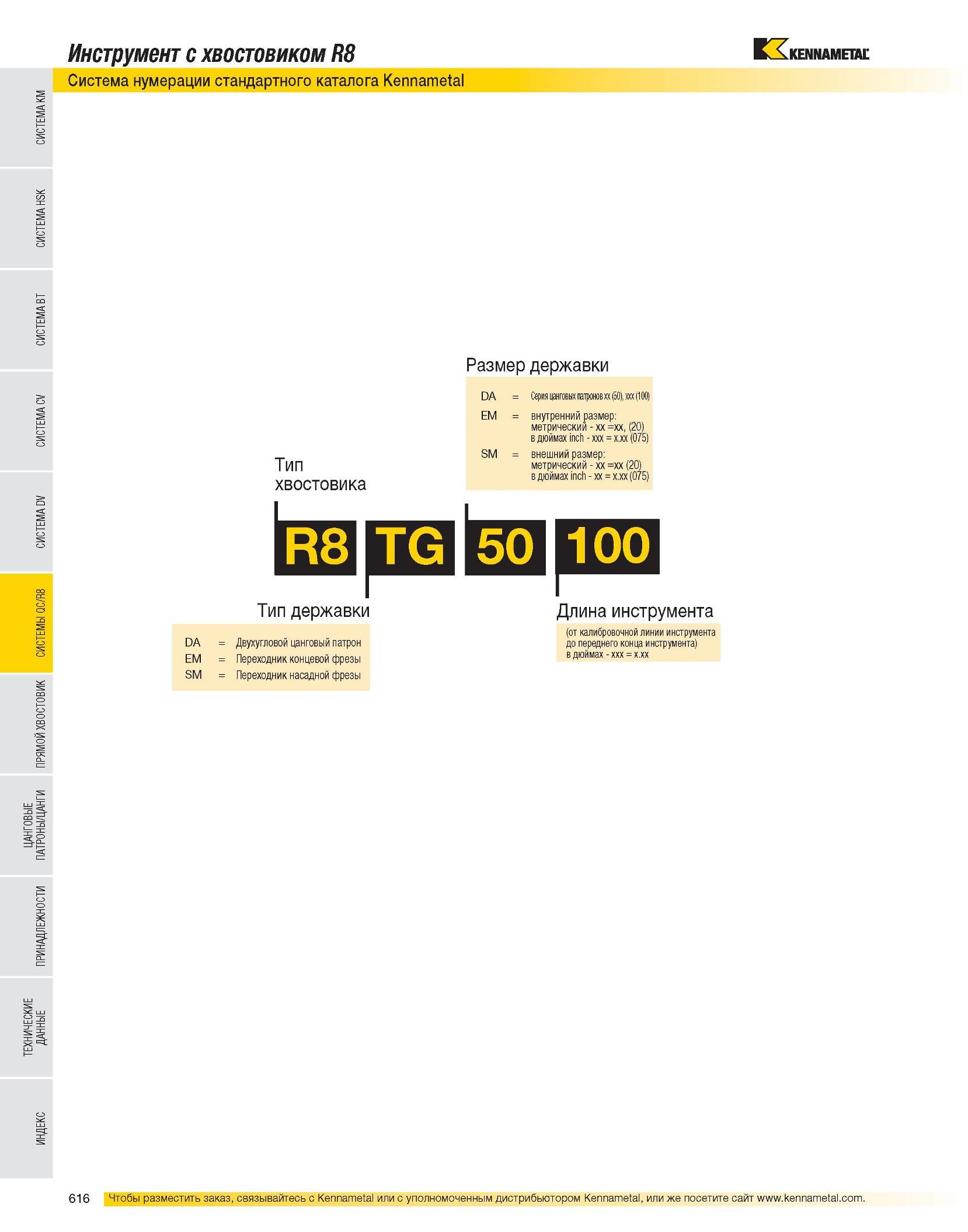 617 Инструмент с хвостовиком R8 Система нумерации стандартного каталога Kennametal Размер державки Тип державки Длина инструмента DA Двухугловой цанговый патро Каталог KENNAMETAL 2007 Системы инструмента Станочная инструментальная оснастка Стр. 616