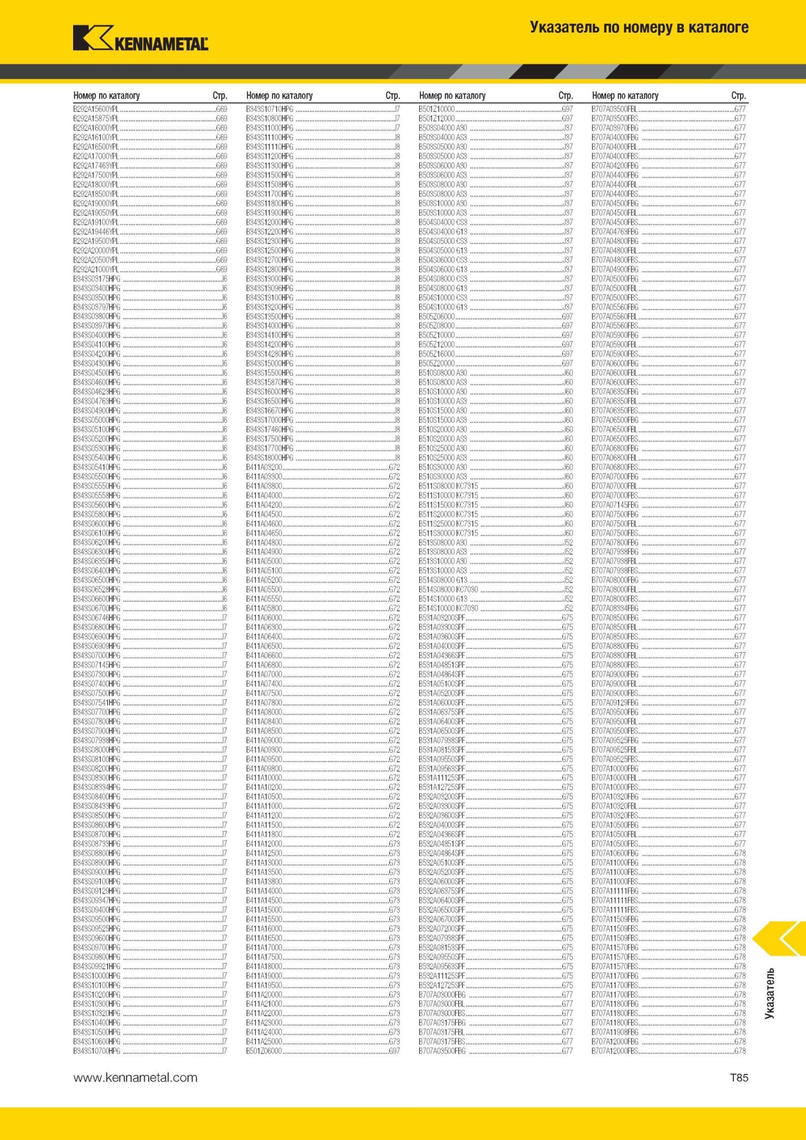 2063 Режущий инструмент Kennametal Указатель по номеру в каталоге Номер по каталогу Стр Номер по ката B292A15600VPL G69 B343S10710HPG B 1/1 G97 B707A03500F Мастер-каталог KENNAMETAL 2013 Металлорежущий инструмент Точение Обработка отверстий Фрезерование Стр. T85