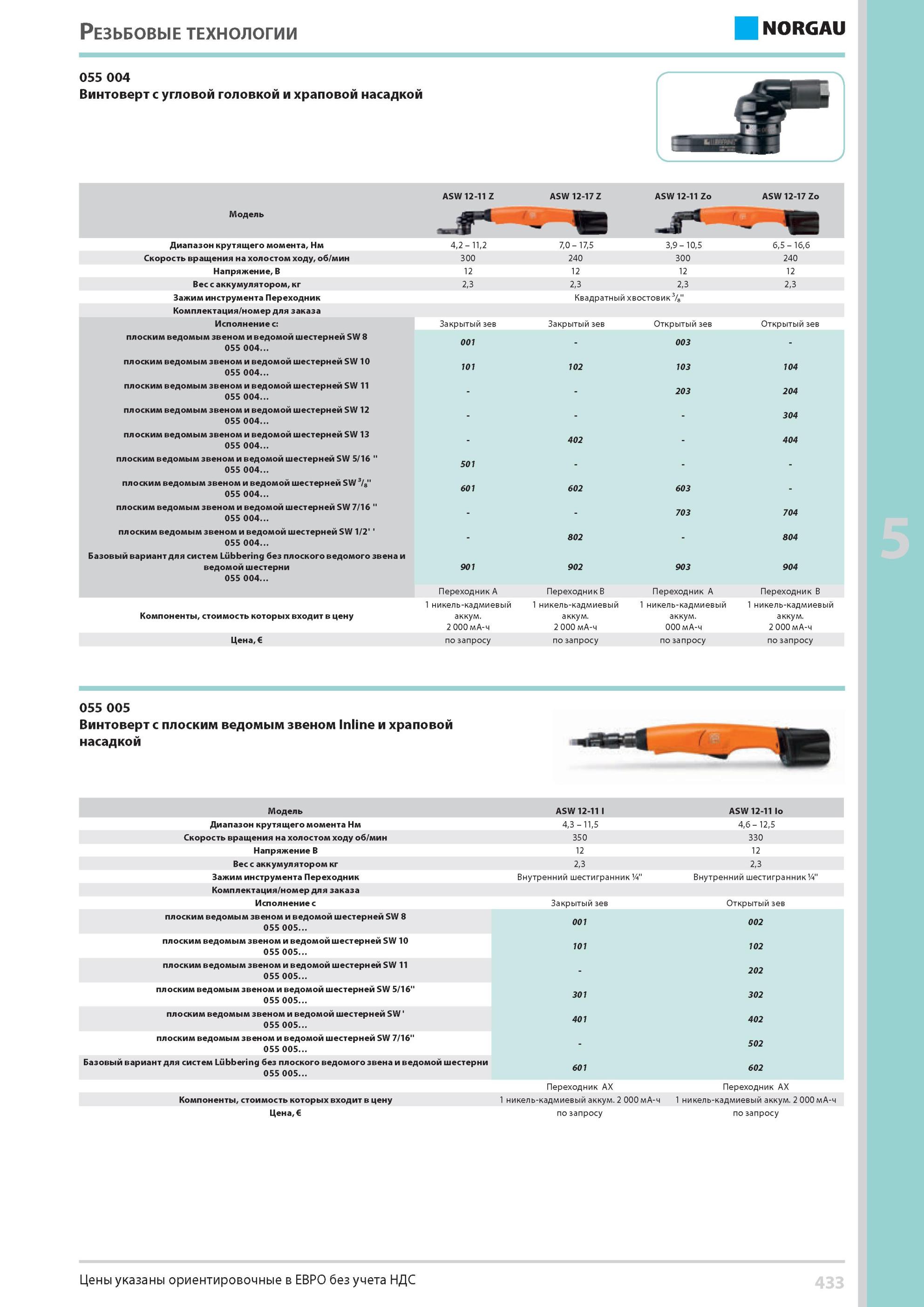 449 Винтоверт с угловой головкой и храповой насадкой ASW 12-11 Zo ASW 12-17 Zo Модель Диапазон крутящего момента, Нм 4,2 11,2 7,0 17,5 3,9 10,5 6,5 16,6 Скорос Каталог NORGAU 2014 Профессиональные инструменты и промышленное оборудование Стр. 433