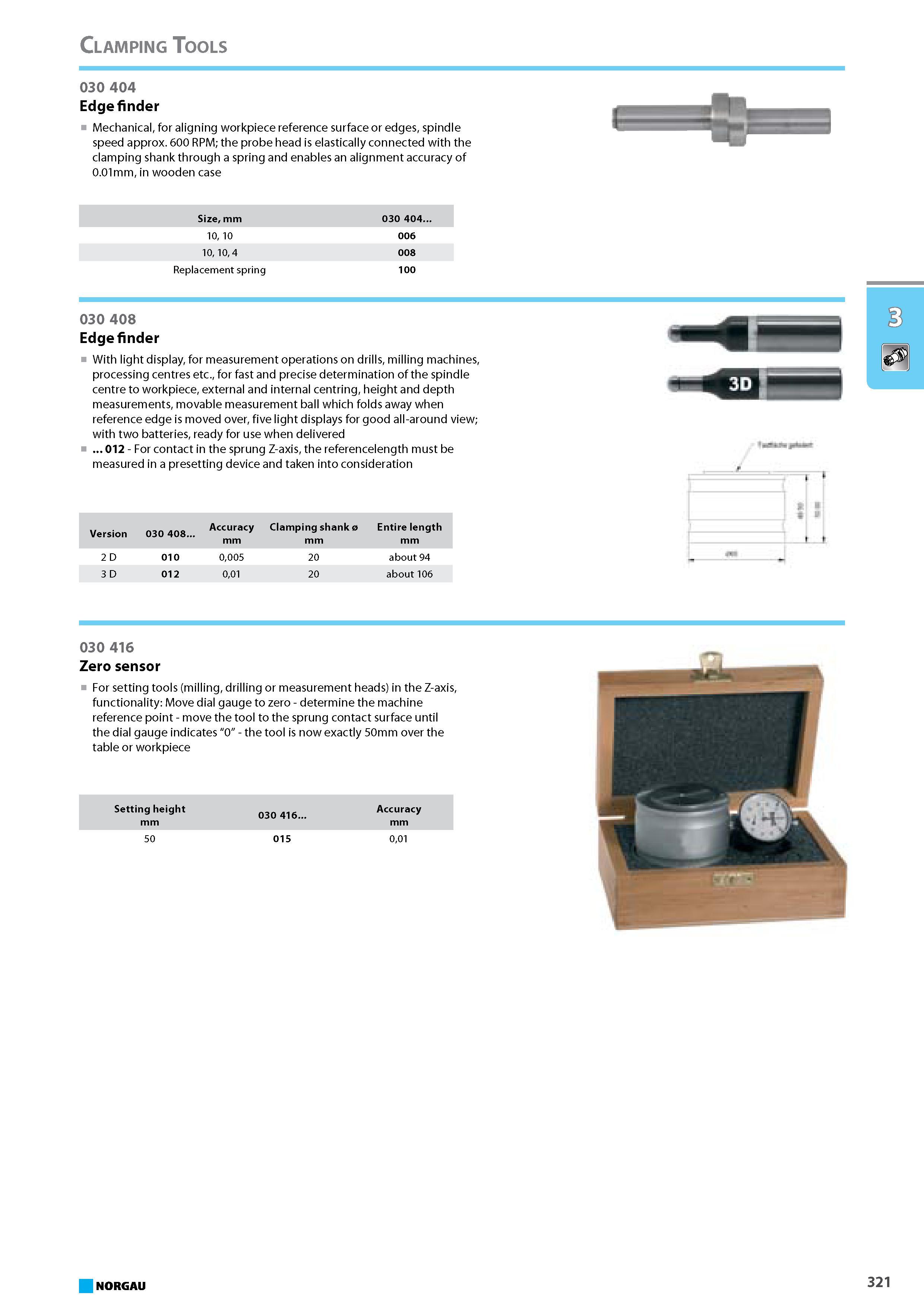 337 Edge finder Mechanical for aligning workpiece reference surface or edges spindle speed approx. 600 RPM the probe head is elastically connected with the clamping shank Каталог NORGAU 2015 Инструмент режущий измерительный слесарно-монтажный Стр. 321