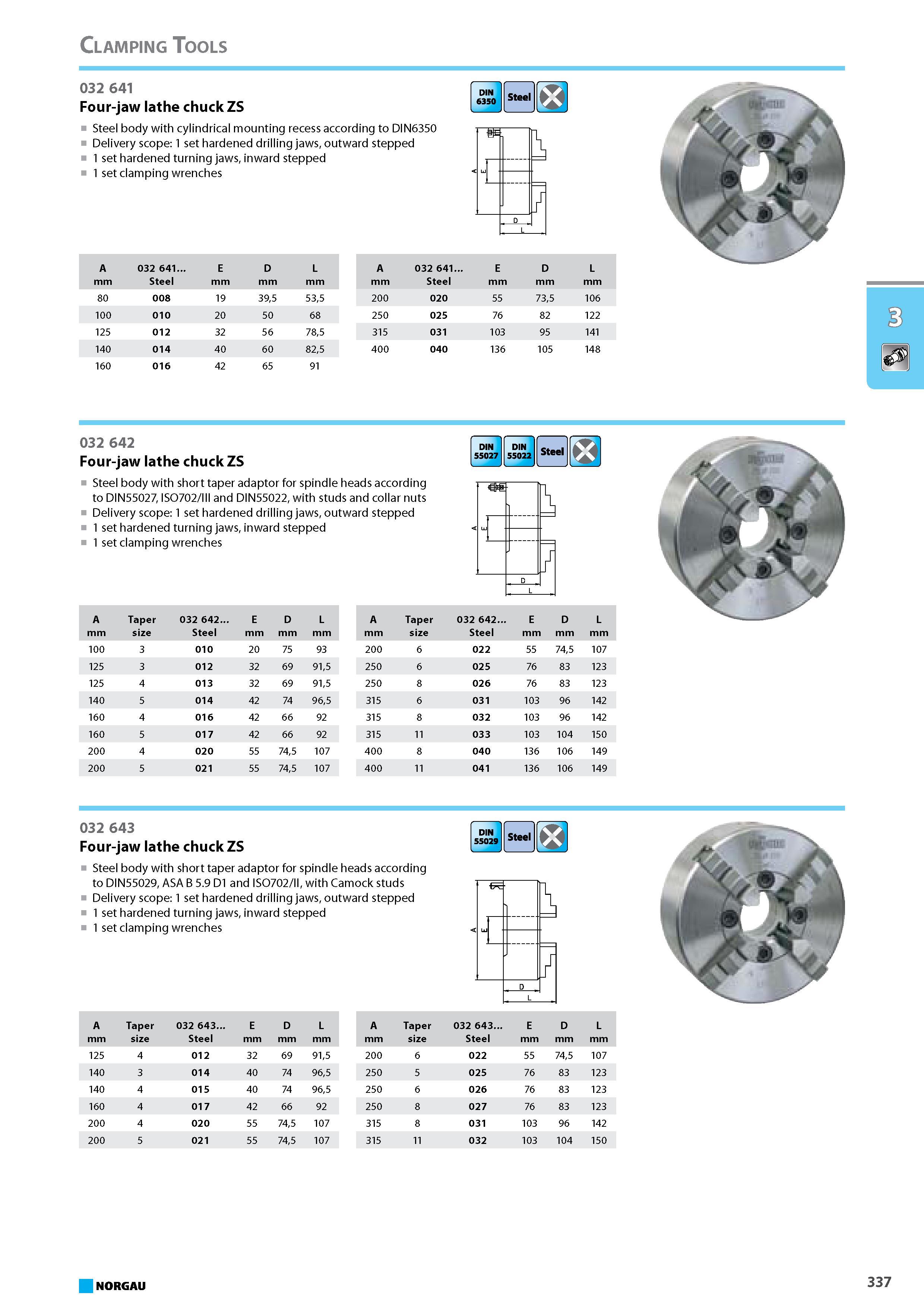 353 Four-jaw lathe chuck ZS Steel body with cylindrical mounting recess according to DIN6350 Delivery scope 1 set hardened drilling jaws outward stepped 1 set hardened tur Каталог NORGAU 2015 Инструмент режущий измерительный слесарно-монтажный Стр. 337