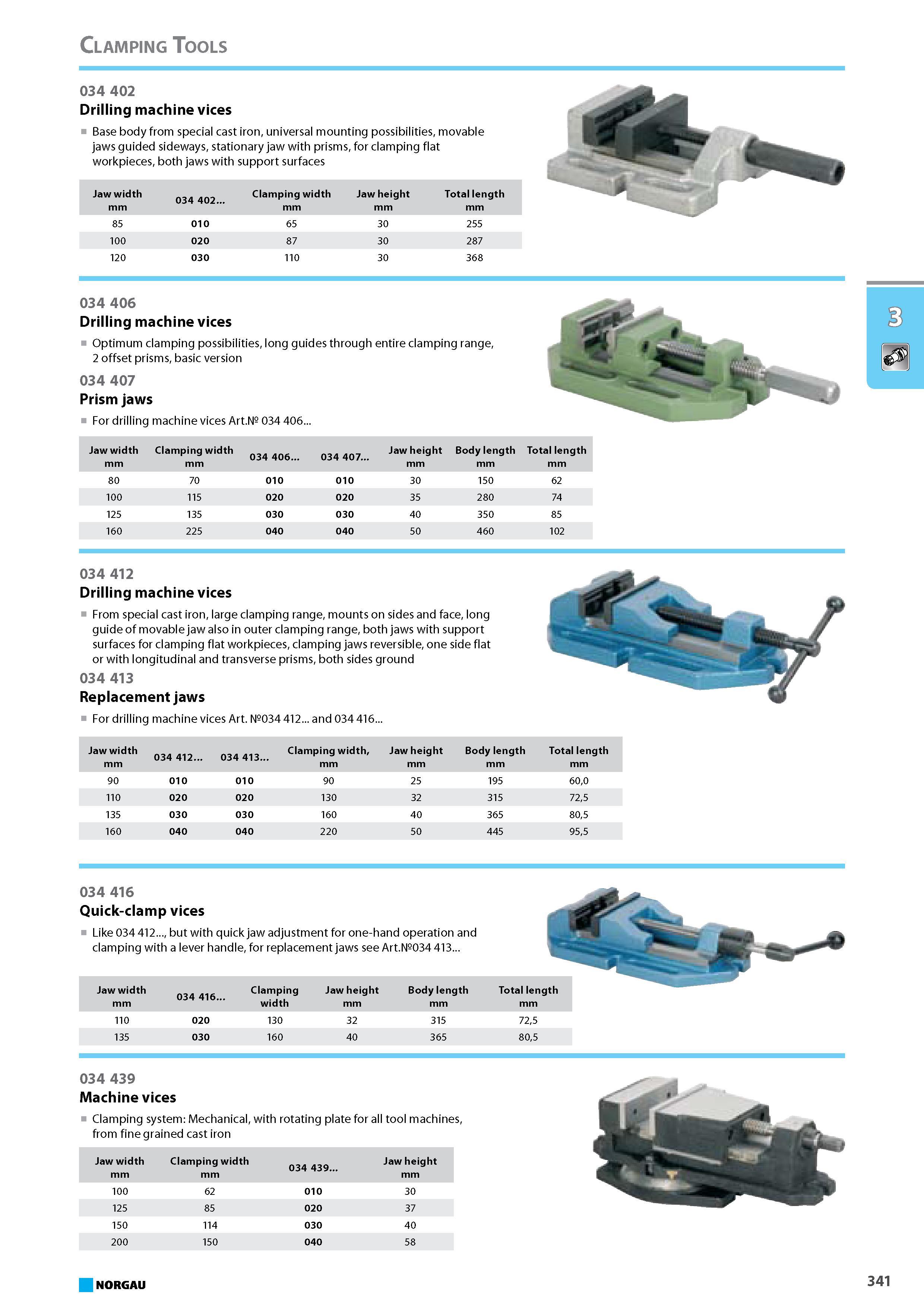 357 Drilling machine vices Base body from special cast iron universal mounting possibilities movable jaws guided sideways stationary jaw with prisms for clamping flat work Каталог NORGAU 2015 Инструмент режущий измерительный слесарно-монтажный Стр. 341