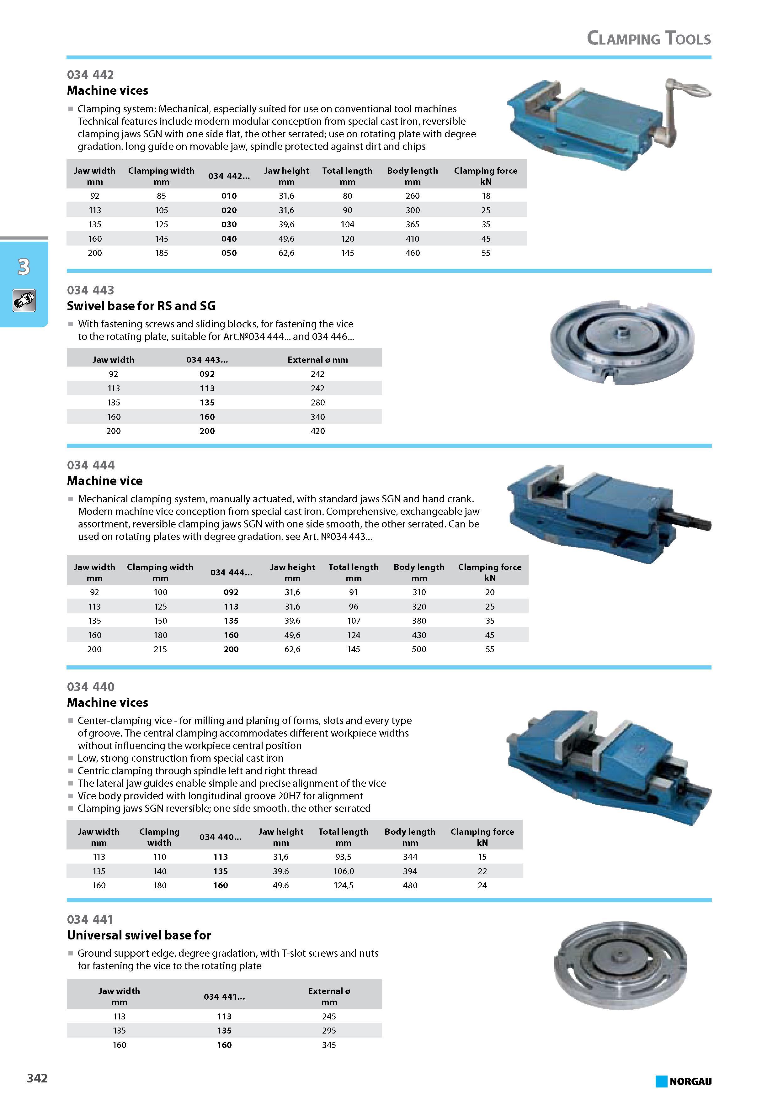 358 Machine vices Clamping system Mechanical especially suited for use on conventional tool machines Technical features include modern modular conception from special cast Каталог NORGAU 2015 Инструмент режущий измерительный слесарно-монтажный Стр. 342