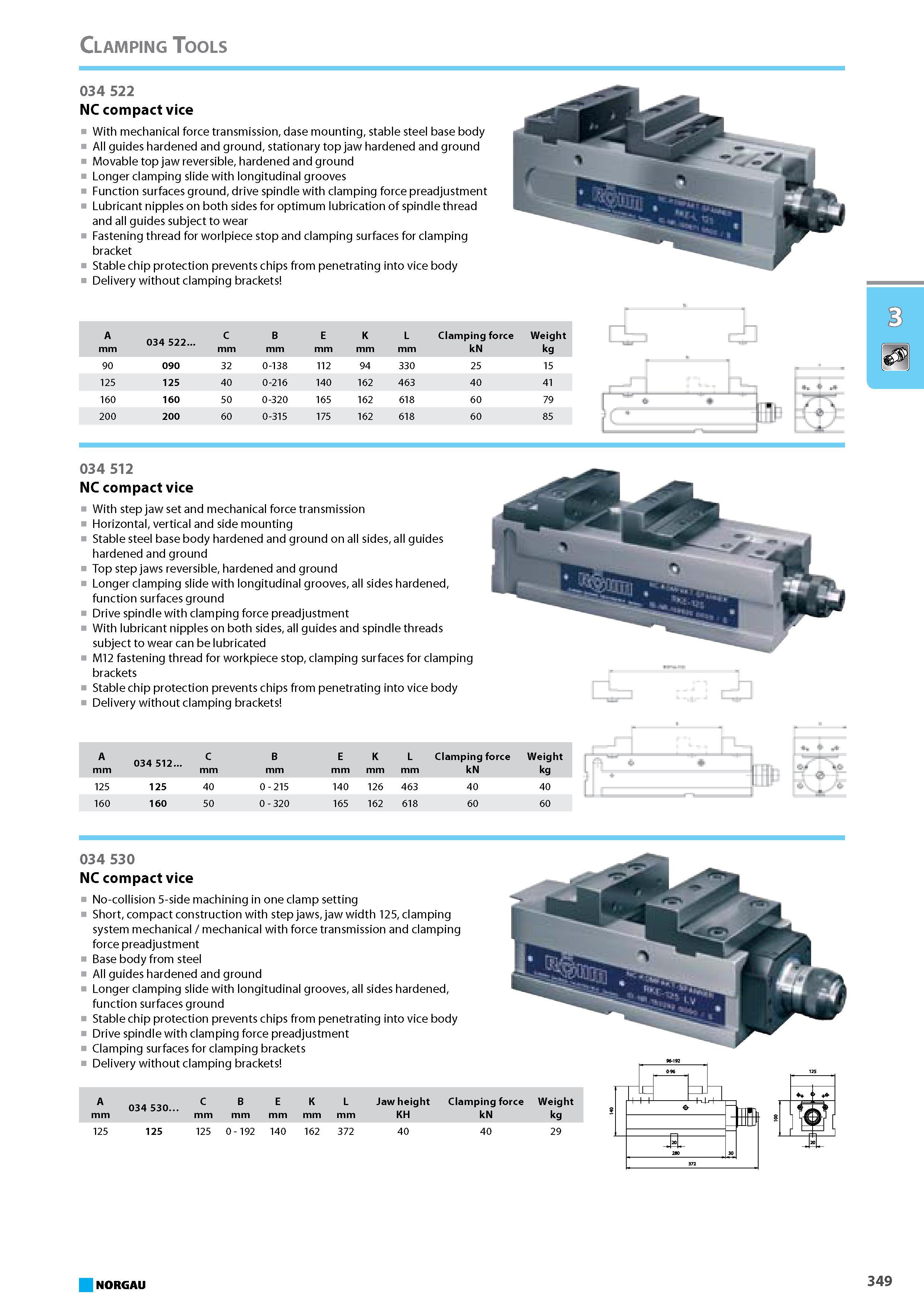365 NC compact vice With mechanical force transmission dase mounting stable steel base body All guides hardened and ground stationary top jaw hardened and ground Movable t Каталог NORGAU 2015 Инструмент режущий измерительный слесарно-монтажный Стр. 349