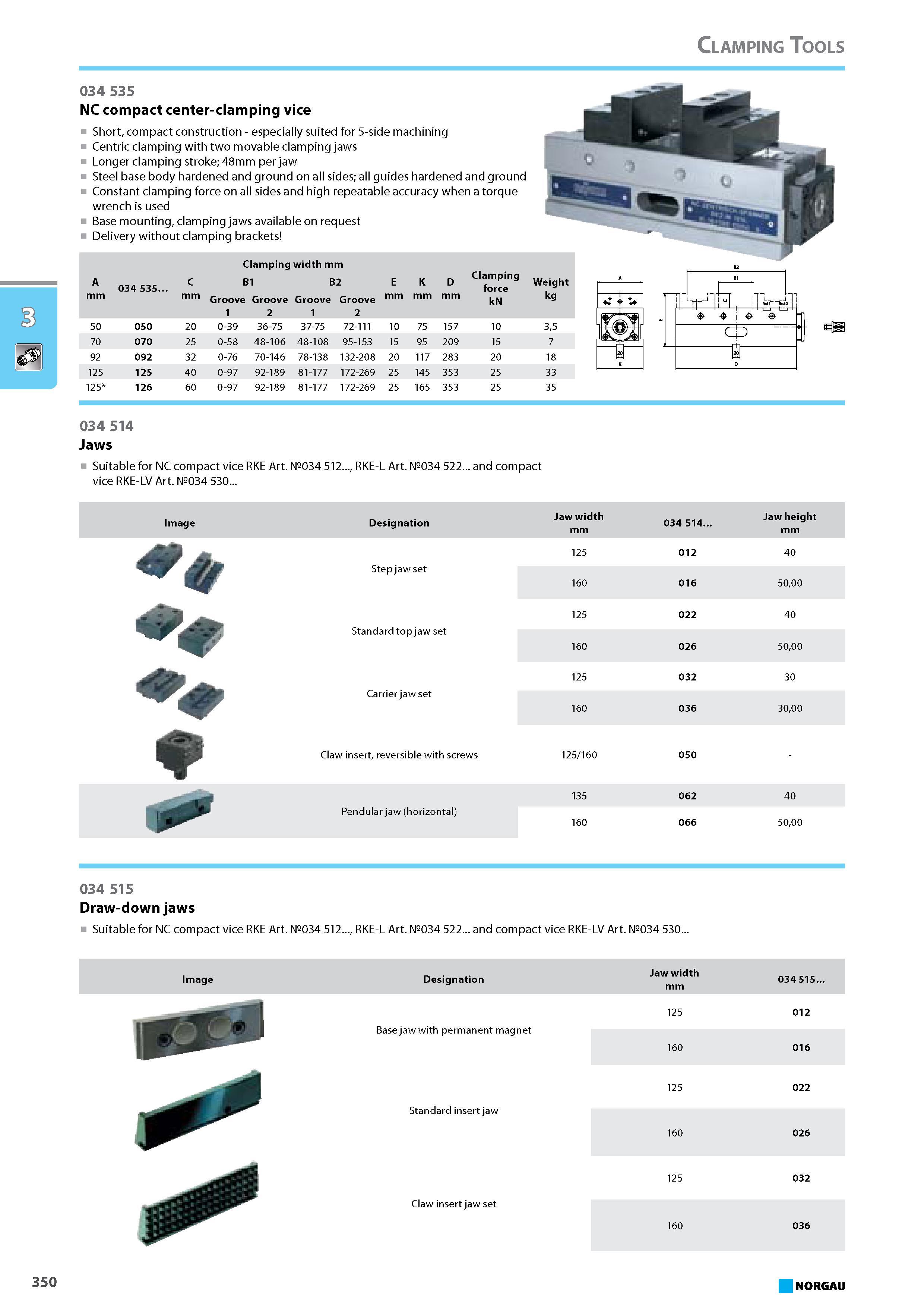 366 NC compact center-clamping vice Short compact construction especially suited for 5-side machining Centric clamping with two movable clamping jaws Longer clamping strok Каталог NORGAU 2015 Инструмент режущий измерительный слесарно-монтажный Стр. 350