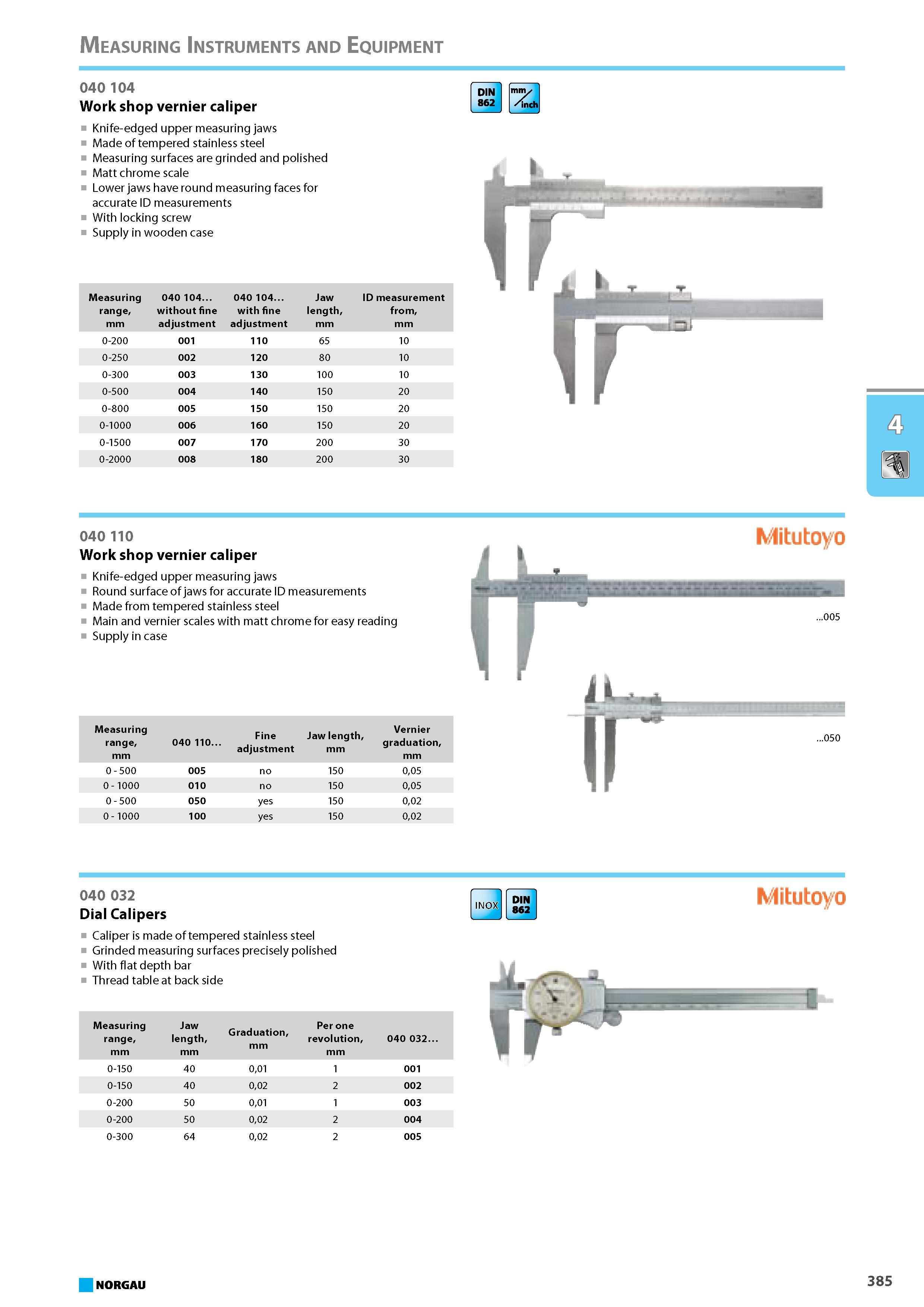 401 Work shop vernier caliper Knife-edged upper measuring jaws Made of tempered stainless steel Measuring surfaces are grinded and polished Matt chrome scale Lower jaws ha Каталог NORGAU 2015 Инструмент режущий измерительный слесарно-монтажный Стр. 385