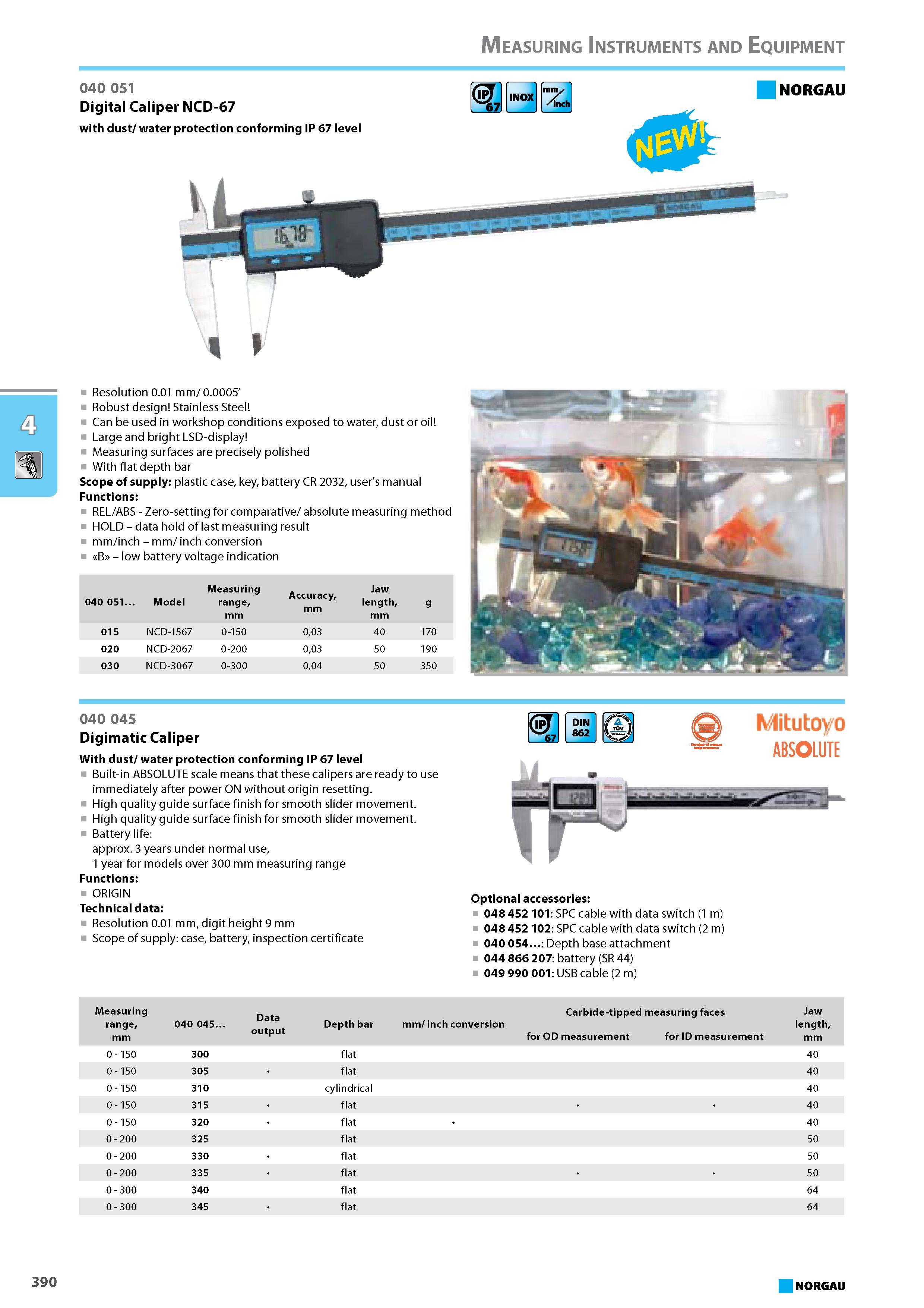 406 Digital Caliper NCD-67 with dust water protection conforming IP 67 level NORGAU Resolution 0.01 mm 0.0005' Robust design Stainless Steel Can be used in workshop condit Каталог NORGAU 2015 Инструмент режущий измерительный слесарно-монтажный Стр. 390