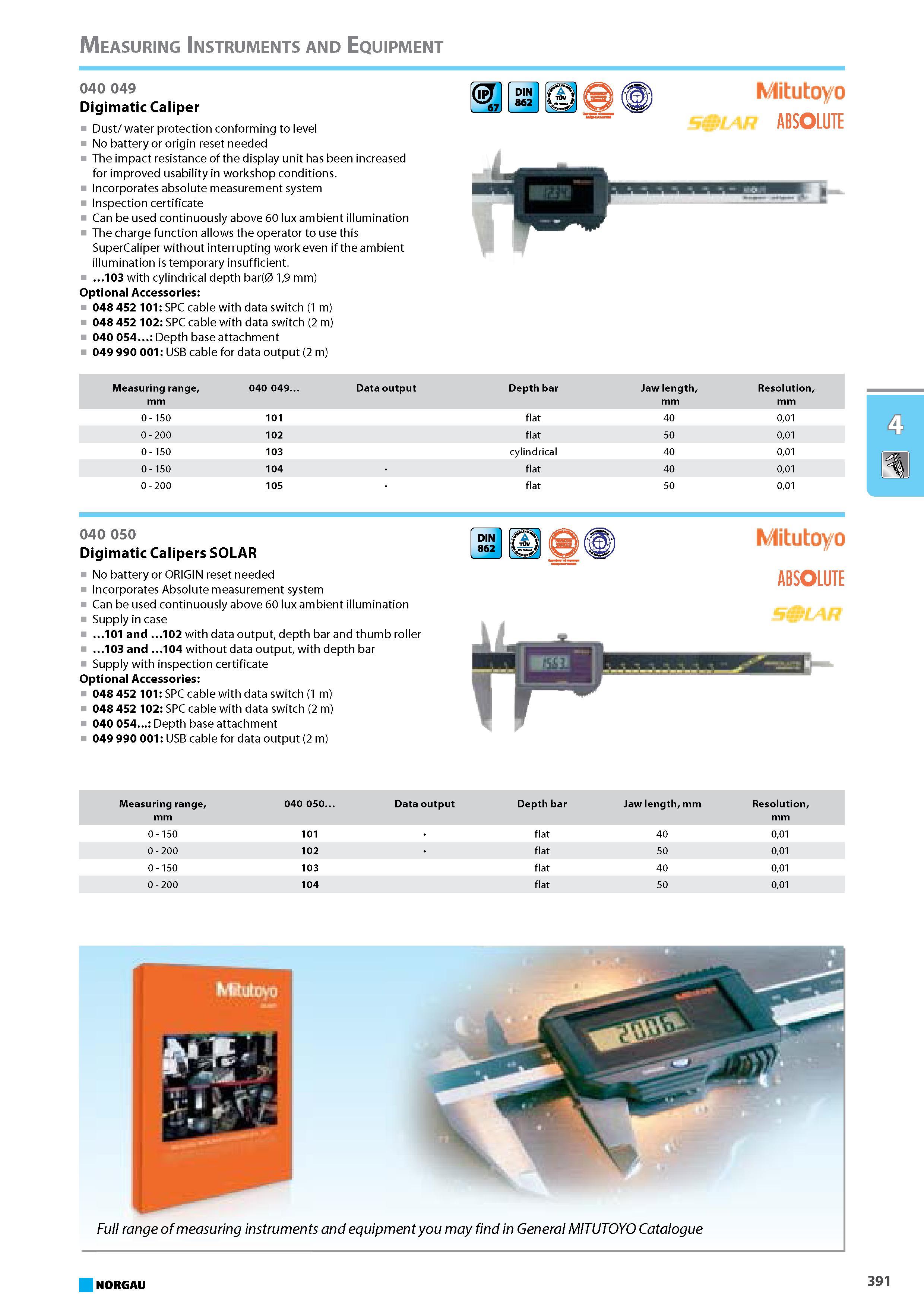 407 Digimatic Caliper Dust water protection conforming to level No battery or origin reset needed The impact resistance of the display unit has been increased for improved Каталог NORGAU 2015 Инструмент режущий измерительный слесарно-монтажный Стр. 391