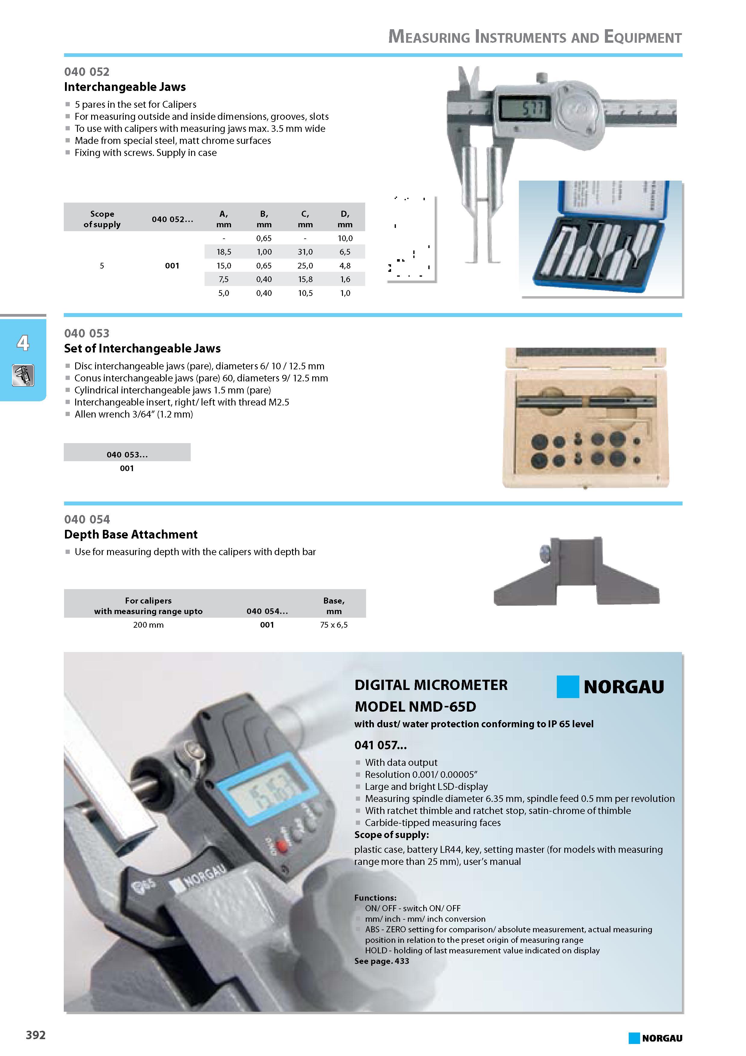 408 Interchangeable Jaws 5 pares in the set for Calipers For measuring outside and inside dimensions grooves slots To use with calipers with measuring jaws max. 3.5 mm wid Каталог NORGAU 2015 Инструмент режущий измерительный слесарно-монтажный Стр. 392