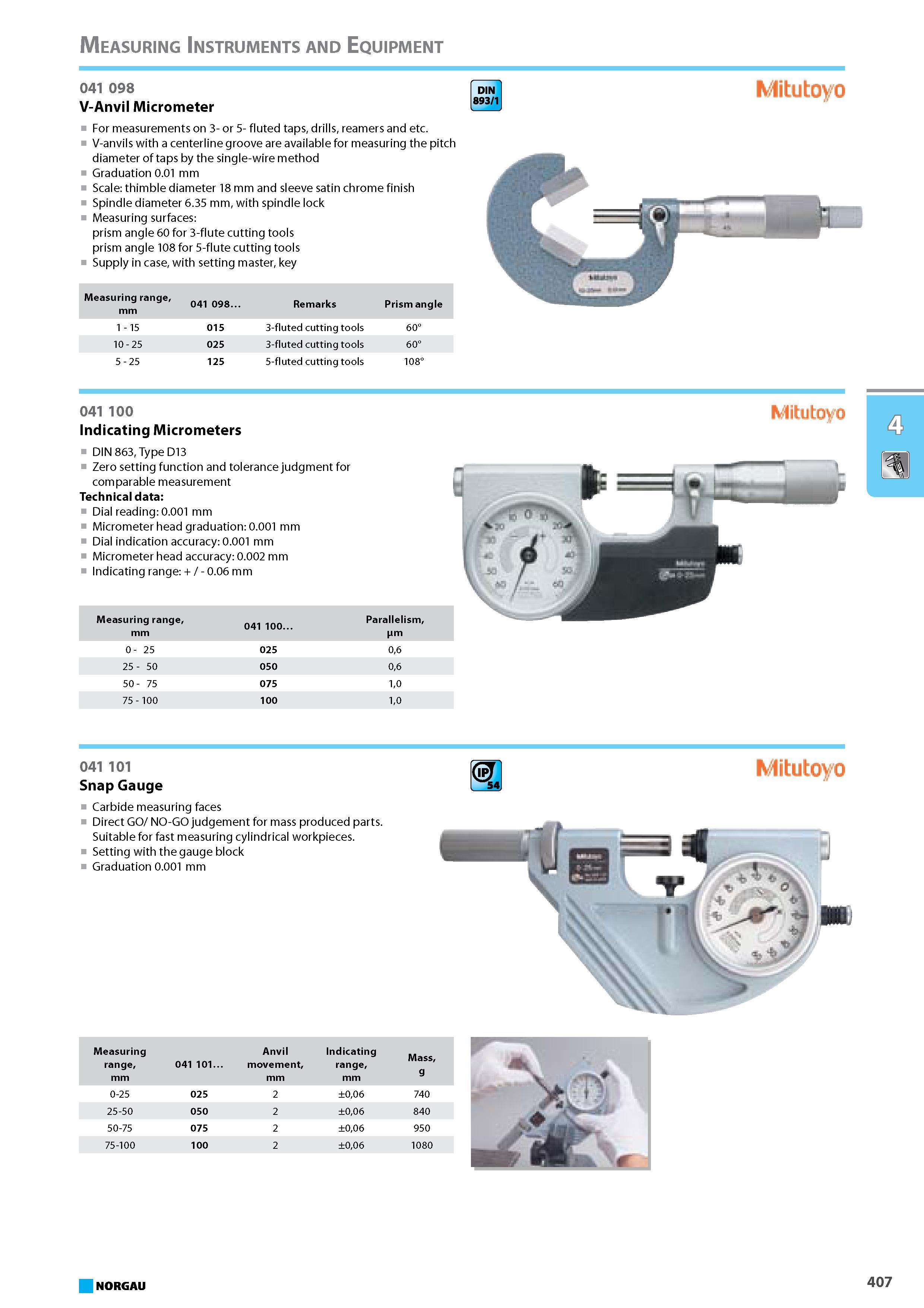423 V-Anvil Micrometer For measurements on 3- or 5- fluted taps drills reamers V-anvils with a centerline groove are available for measuring the pitch diameter of taps by Каталог NORGAU 2015 Инструмент режущий измерительный слесарно-монтажный Стр. 407