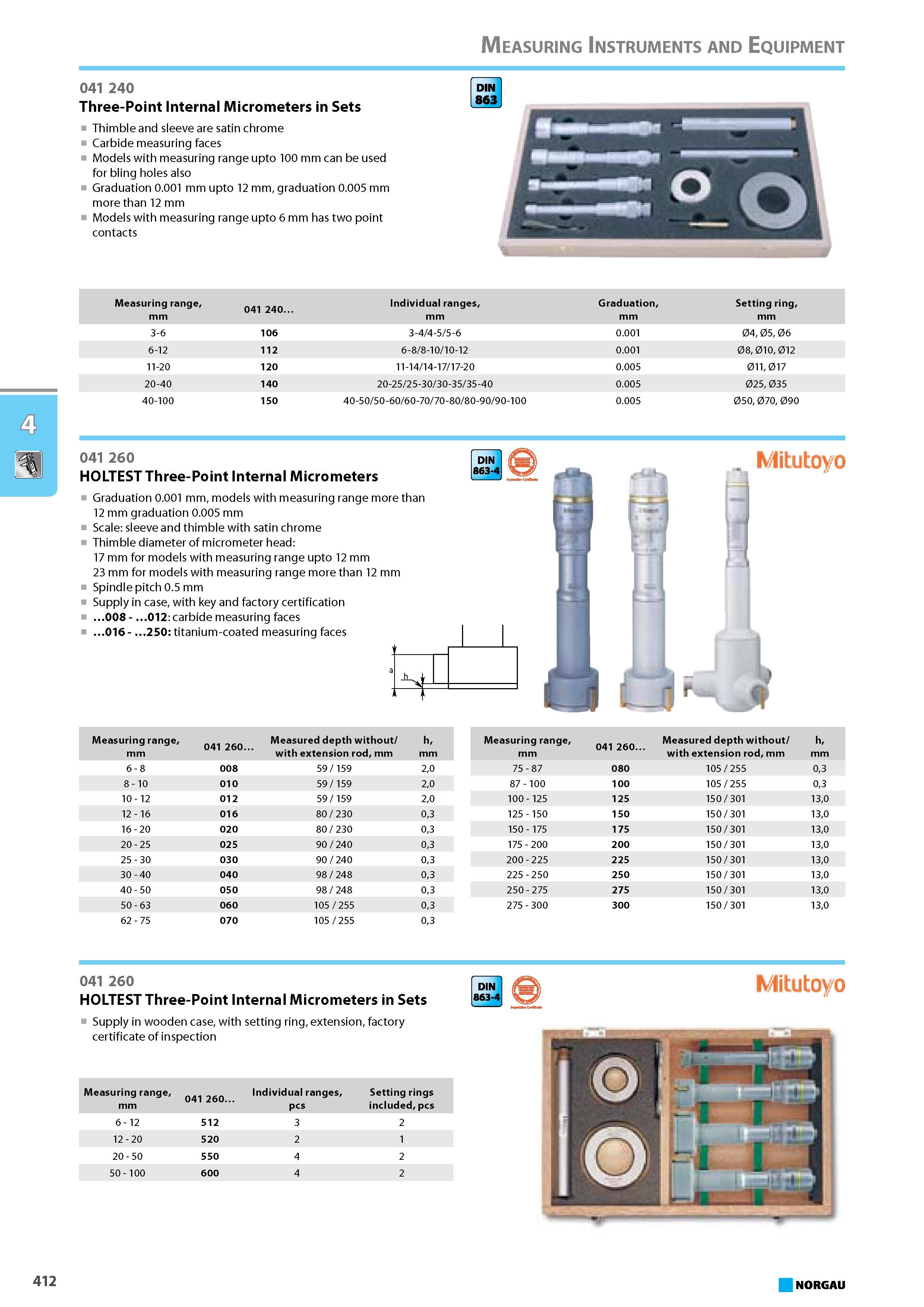 428 Three-Point Internal Micrometers in Sets Thimble and sleeve are satin chrome Carbide measuring faces Models with measuring range upto 100 mm can be used for bling hole Каталог NORGAU 2015 Инструмент режущий измерительный слесарно-монтажный Стр. 412
