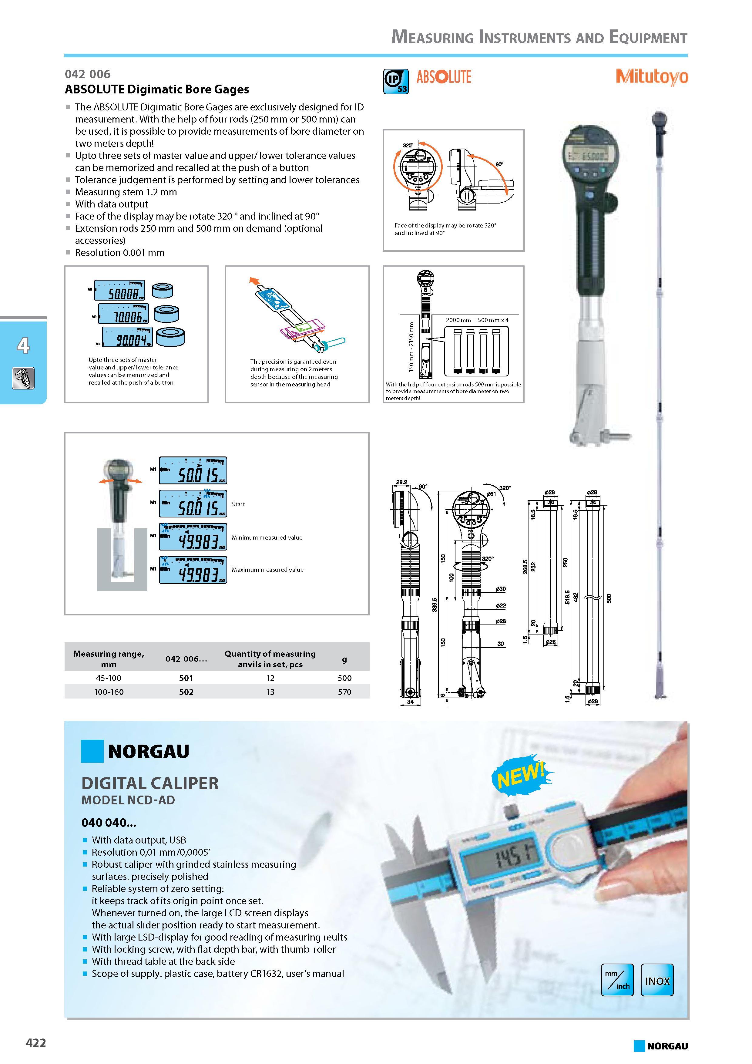 438 The ABSOLUTE Digimatic Bore Gages are exclusively designed for ID measurement With the help of four rods (250 mm or 500 mm) can be used it is possible to provide measu Каталог NORGAU 2015 Инструмент режущий измерительный слесарно-монтажный Стр. 422