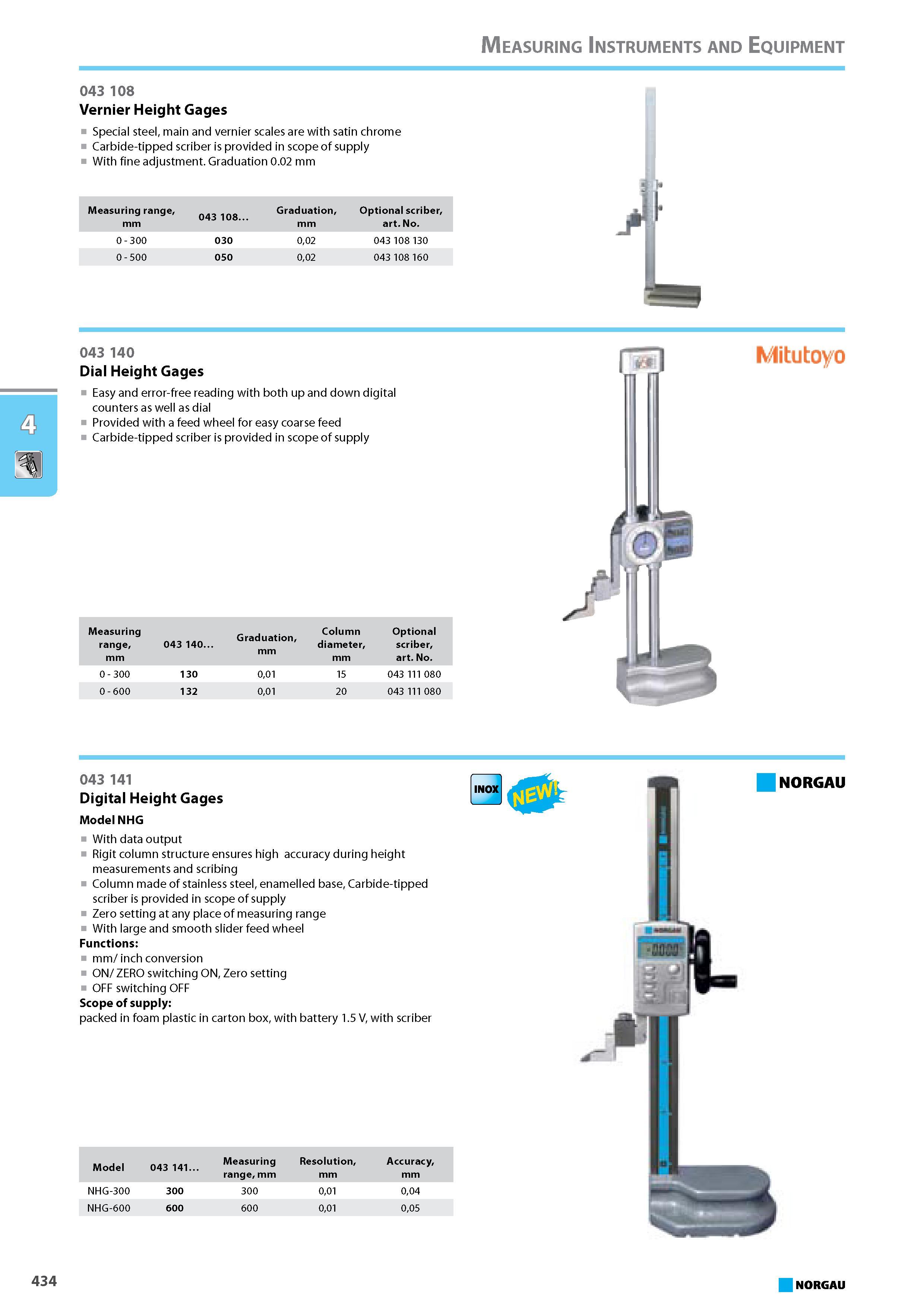 450 Vernier Height Gages Special steel main and vernier scales are with satin chrome Carbide-tipped scriber is provided in scope of supply With fine adjustment Graduation Каталог NORGAU 2015 Инструмент режущий измерительный слесарно-монтажный Стр. 434