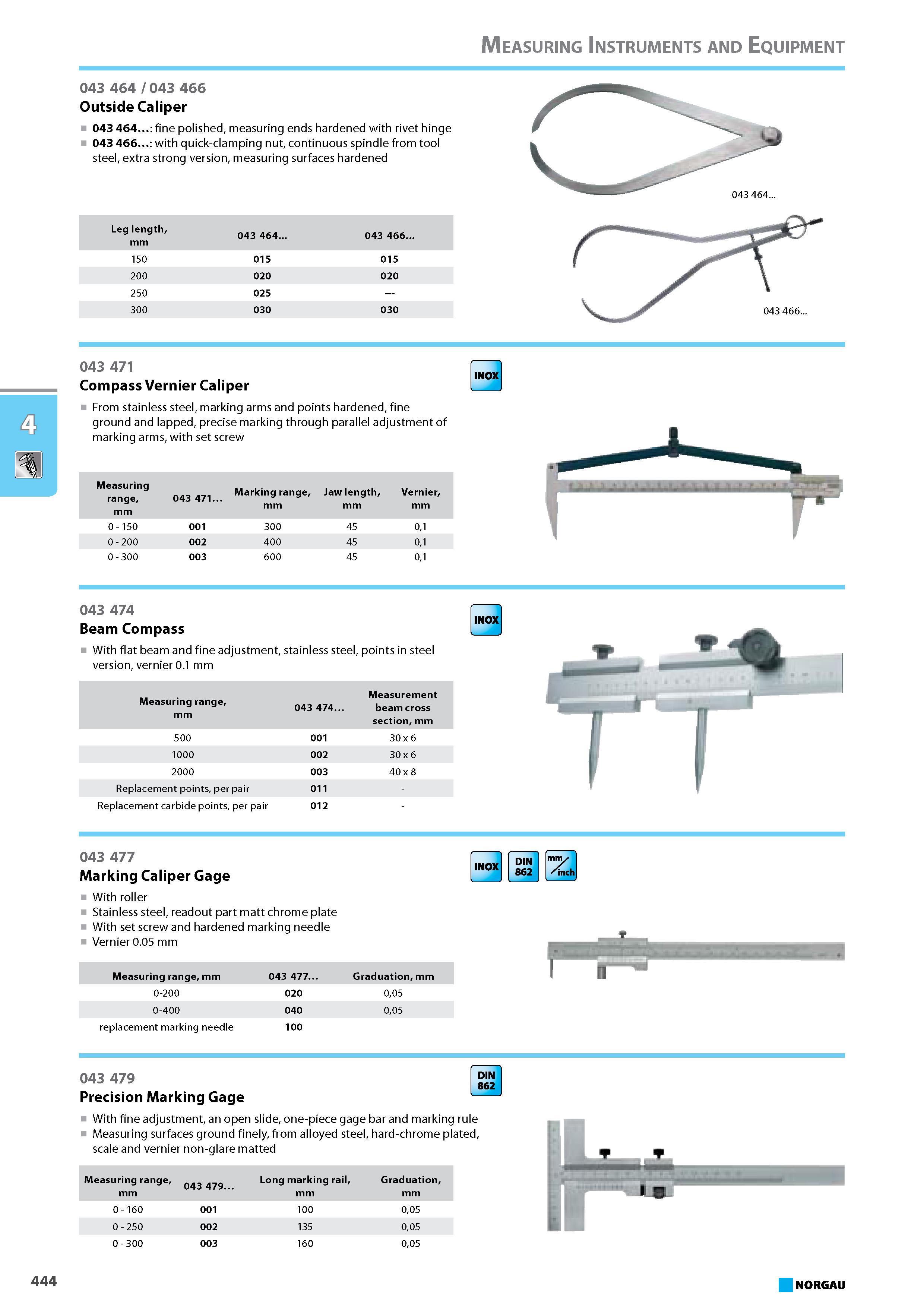 460 Caliper From stainless steel marking arms and points hardened fine ground and lapped precise marking through parallel adjustment of marking arms with set screw Measuri Каталог NORGAU 2015 Инструмент режущий измерительный слесарно-монтажный Стр. 444