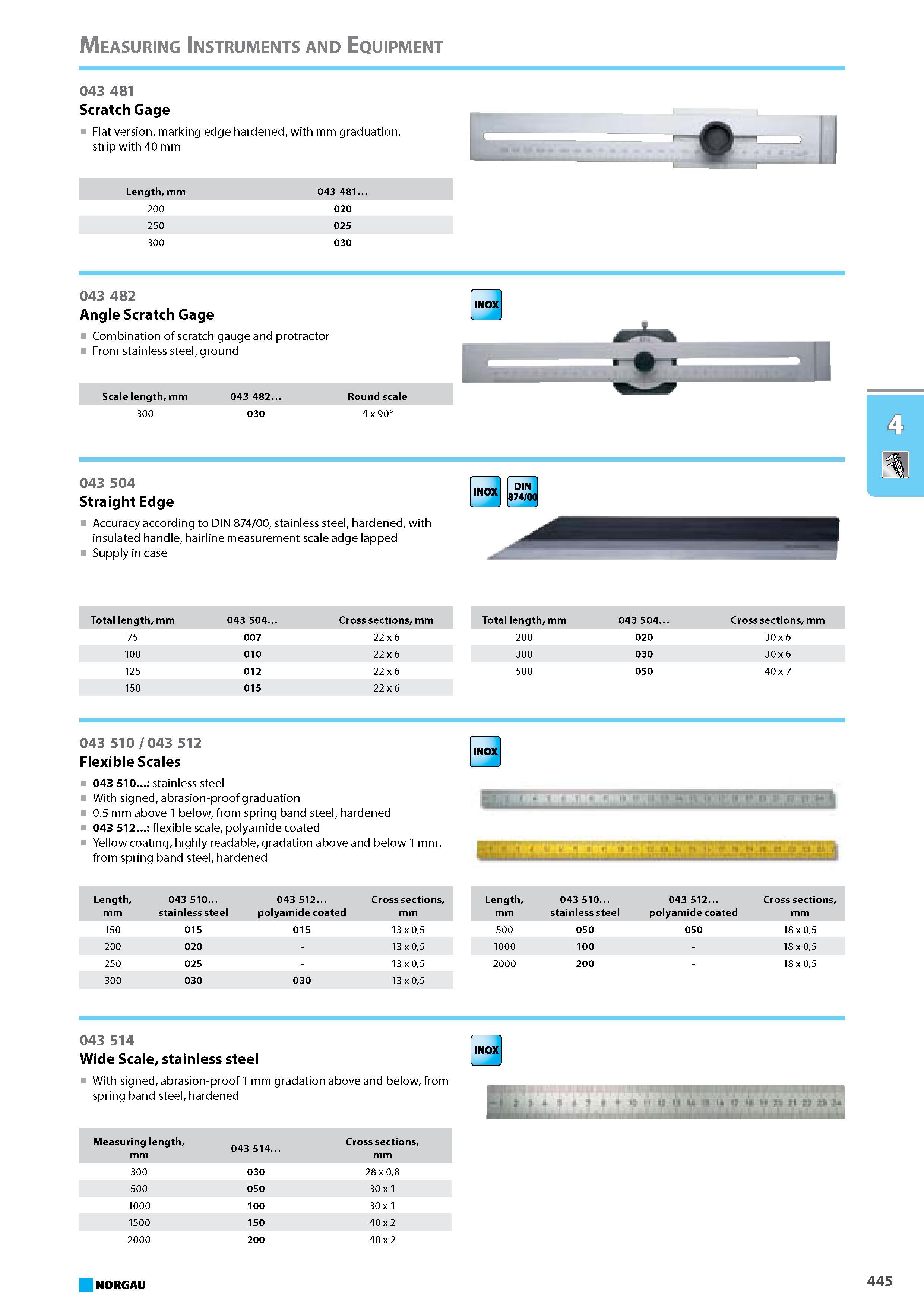 461 Scratch Gage Flat version marking edge hardened with mm graduation strip with 40 mm Length mm 043 481 200 020 250 025 300 030 043 482 Angle Scratch Gage Combination of Каталог NORGAU 2015 Инструмент режущий измерительный слесарно-монтажный Стр. 445