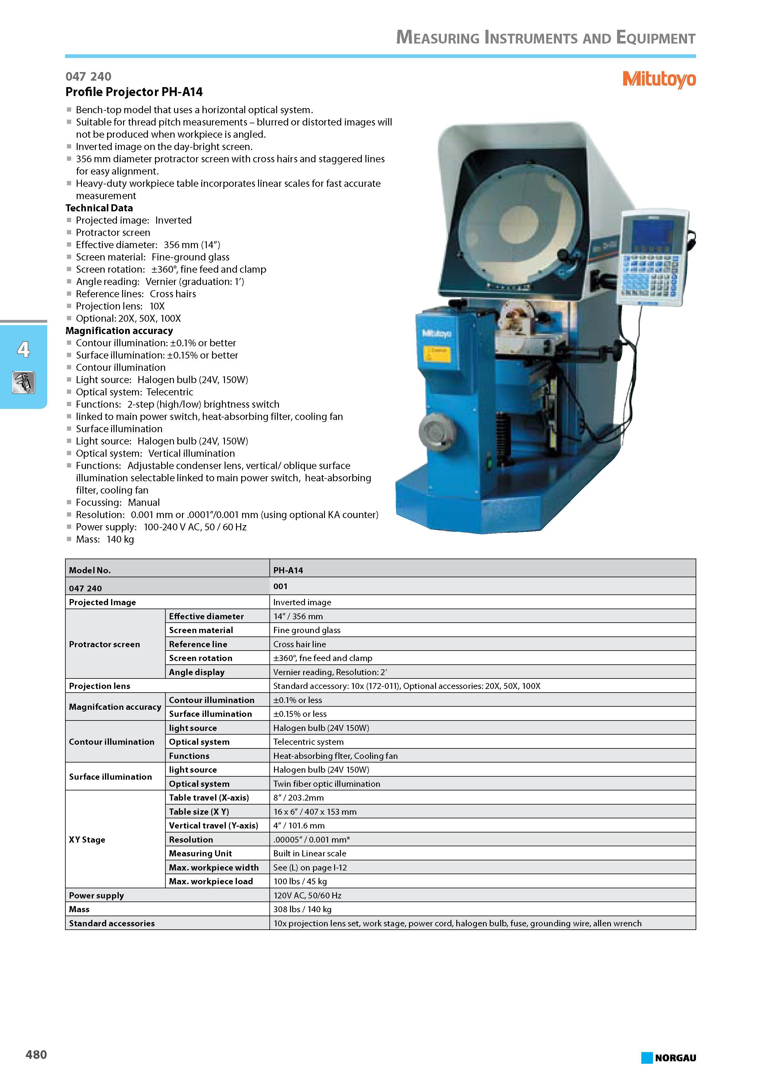 496 Profile Projector PH-A14 Bench-top model that uses a horizontal optical system Suitable for thread pitch measurements - blurred or distorted images will not be produce Каталог NORGAU 2015 Инструмент режущий измерительный слесарно-монтажный Стр. 480