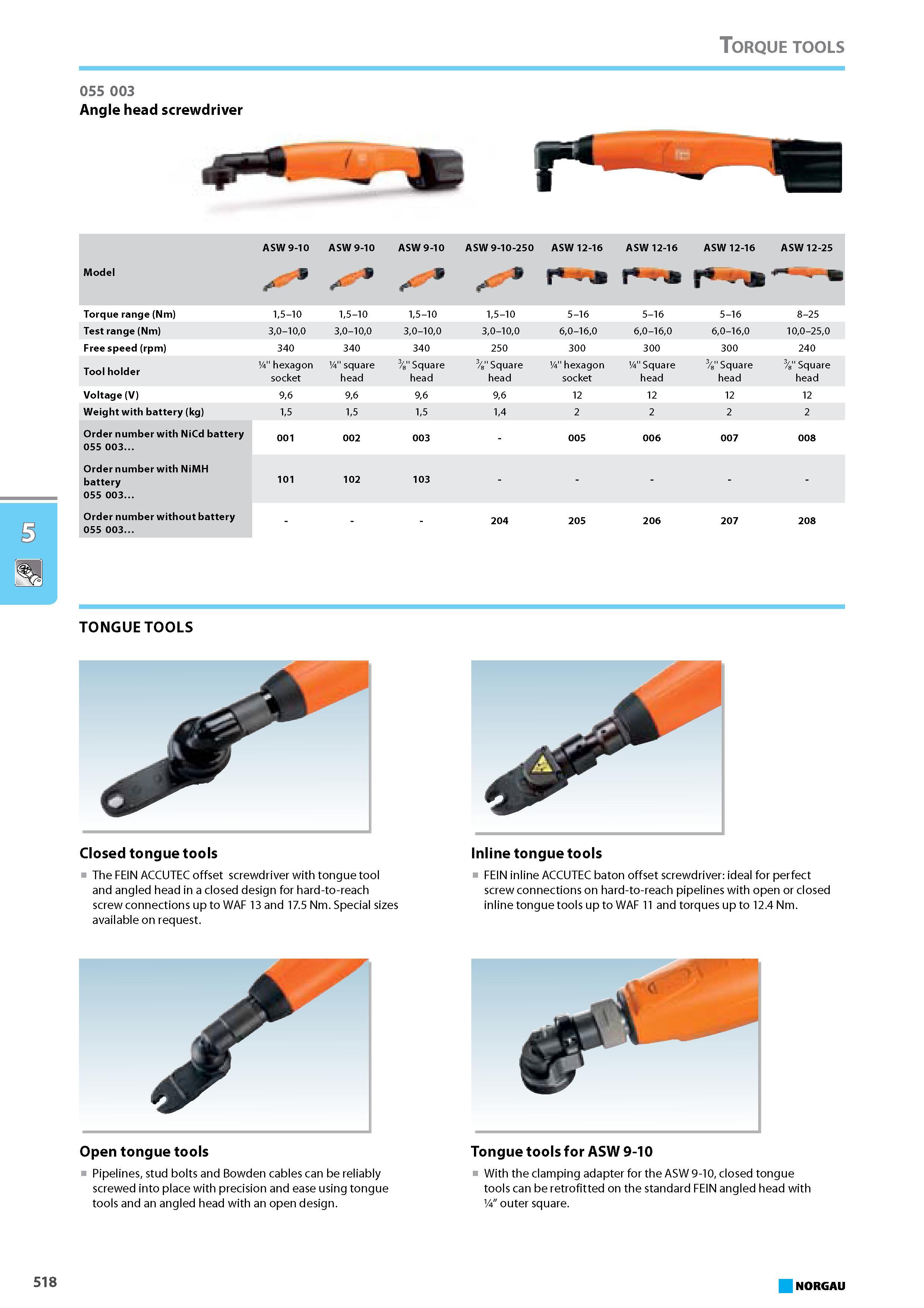 534 Closed tongue tools The FEIN ACCUTEC offset screwdriver with tongue tool and angled head in a closed design for hard-to-reach screw connections up to WAF 13 and 17.5 N Каталог NORGAU 2015 Инструмент режущий измерительный слесарно-монтажный Стр. 518