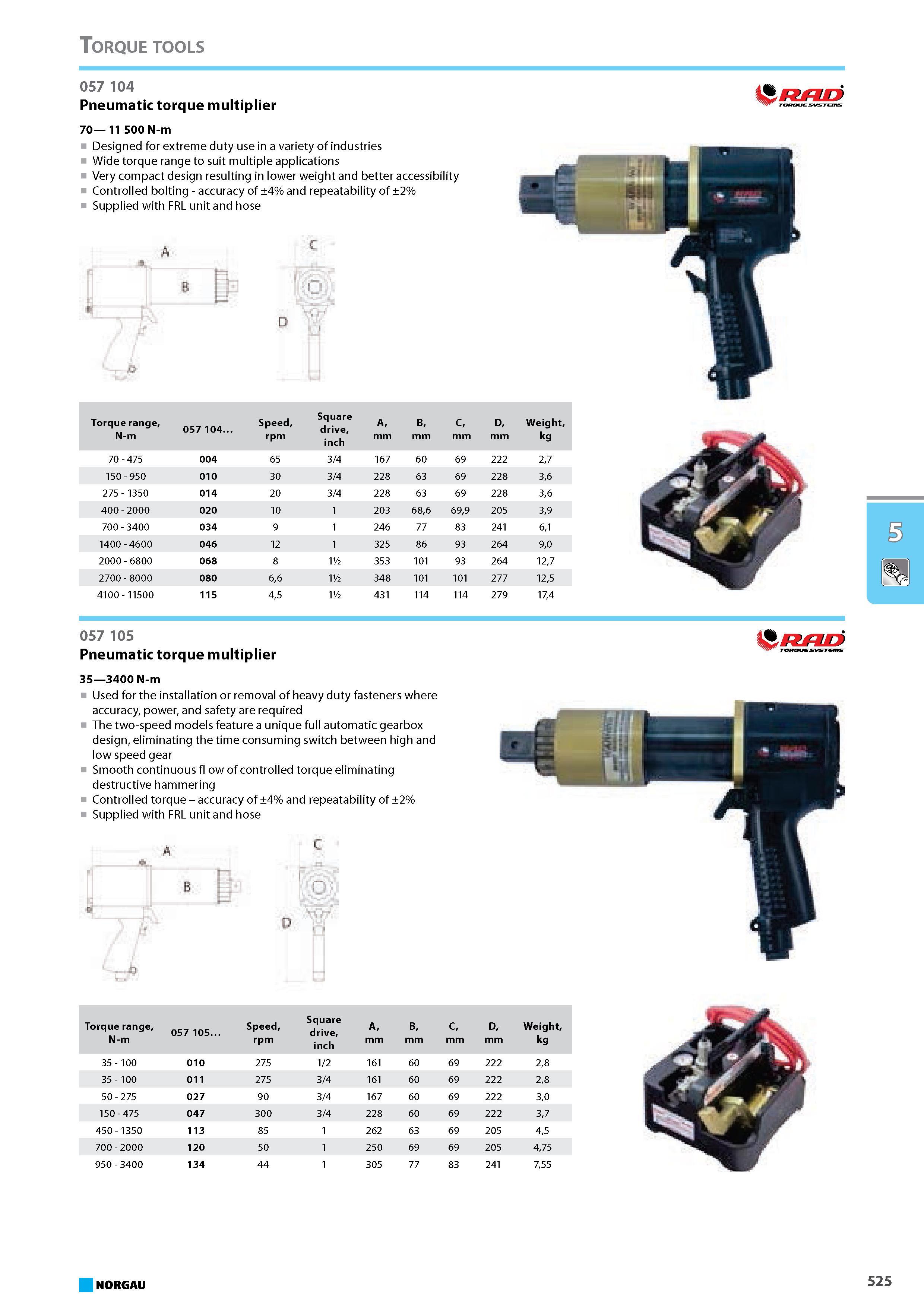541 Pneumatic torque multiplier 70 11 500 N-m Designed for extreme duty use in a variety of industries Wide torque range to suit multiple applications Very compact design Каталог NORGAU 2015 Инструмент режущий измерительный слесарно-монтажный Стр. 525